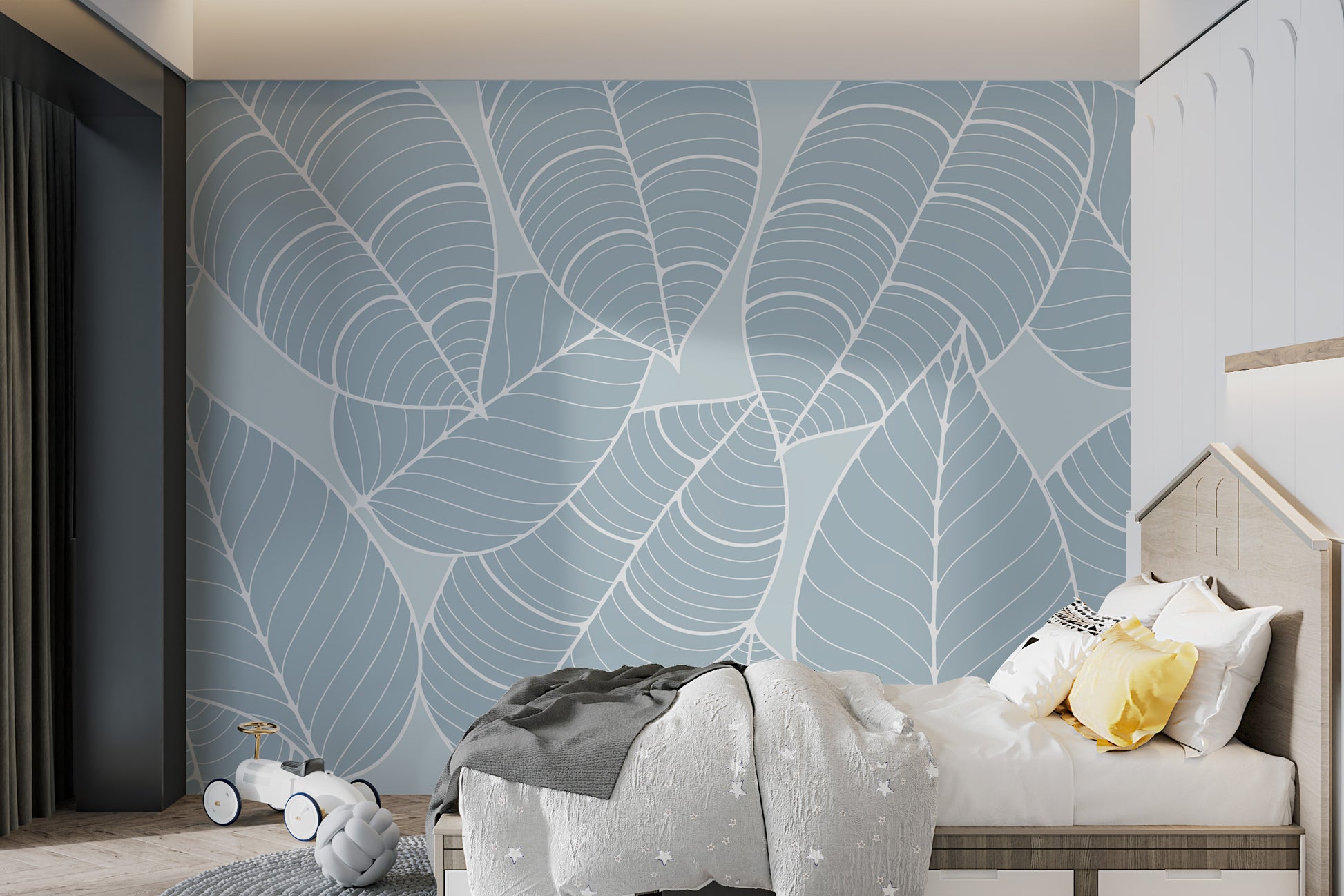 High-resolution botanical wall mural in soft blue
