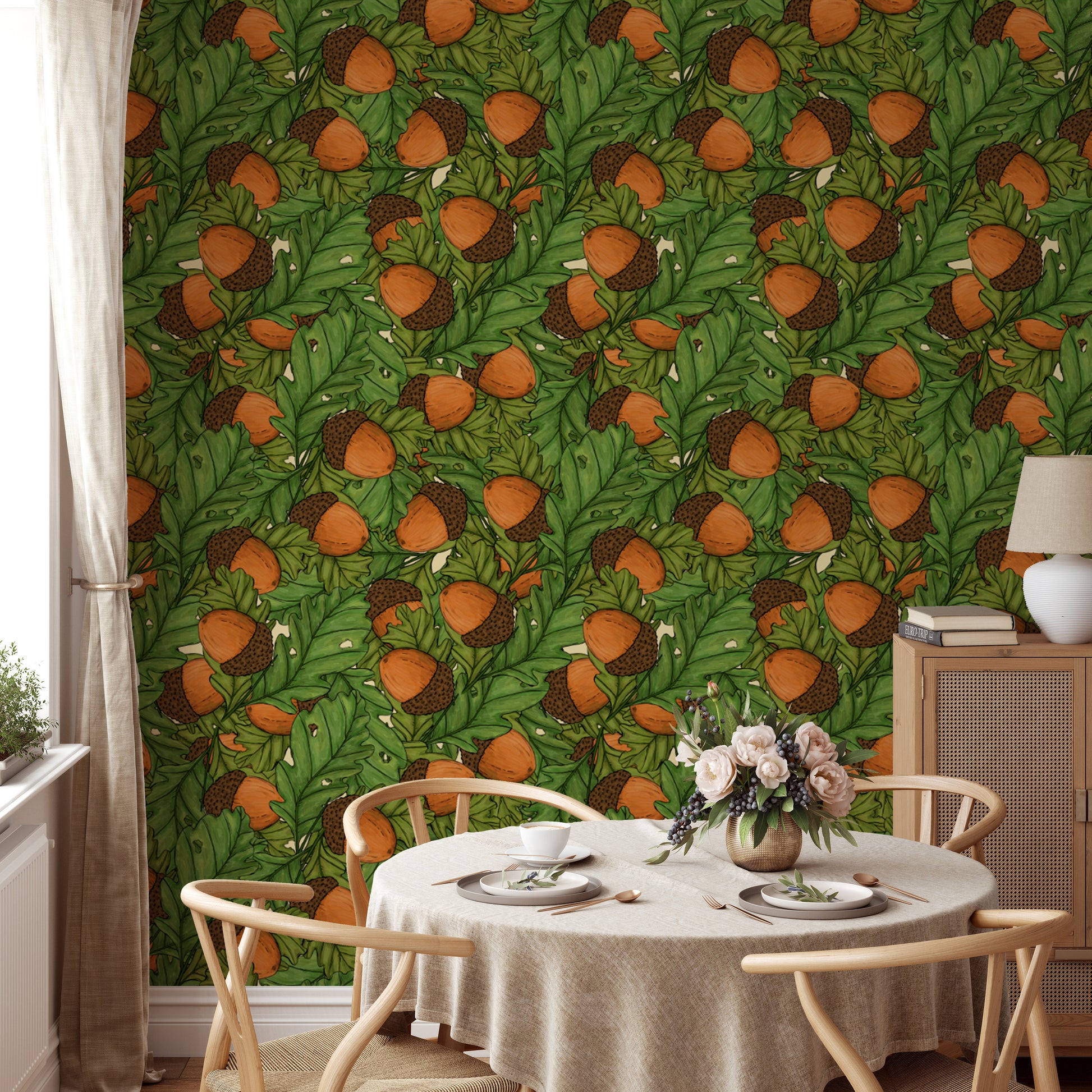 Nature-inspired wallpaper showcasing scattered acorns
