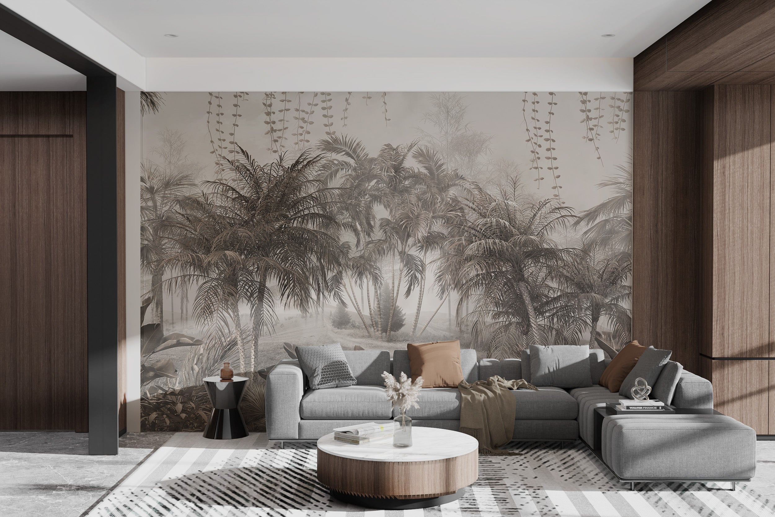 Muted tropical tree wallpaper with soft colors.