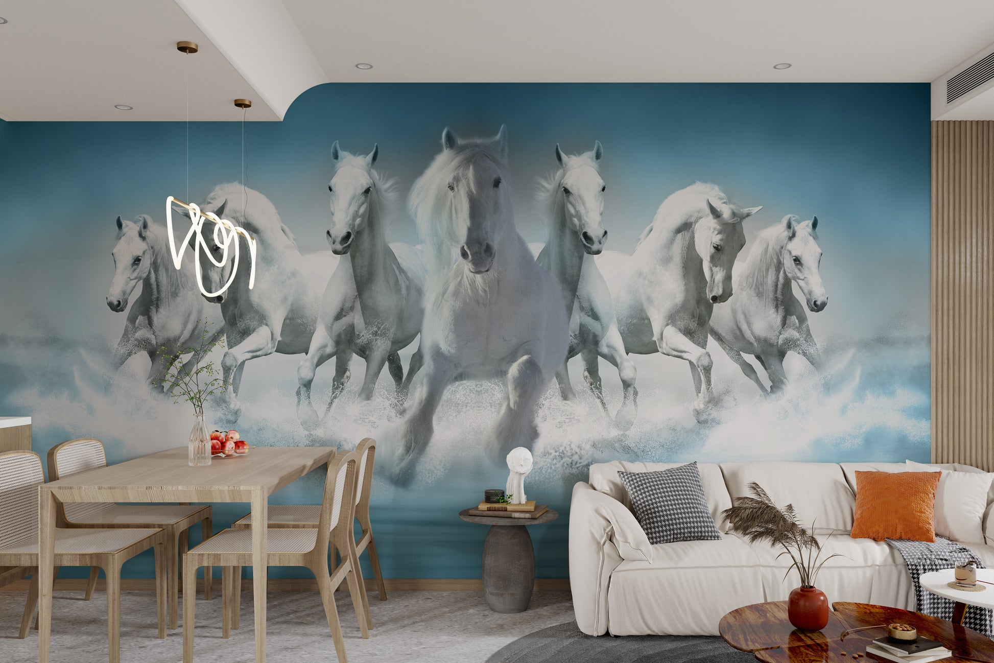 3D wallpaper showing seven running white horses