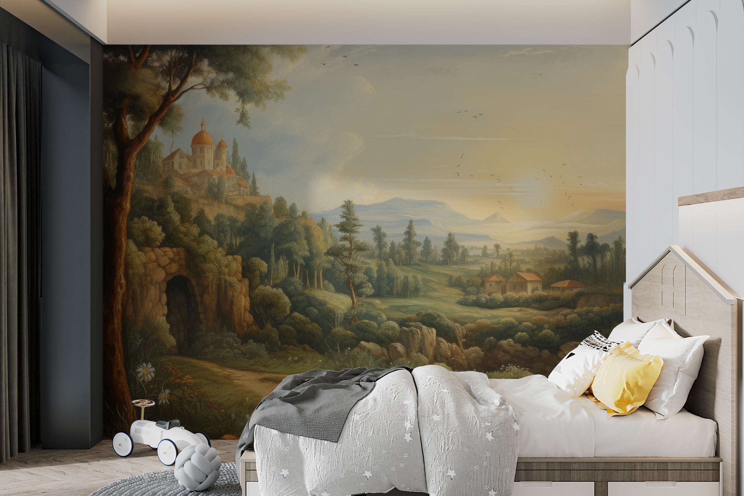 Vintage European landscape wallpaper with sunset glow
