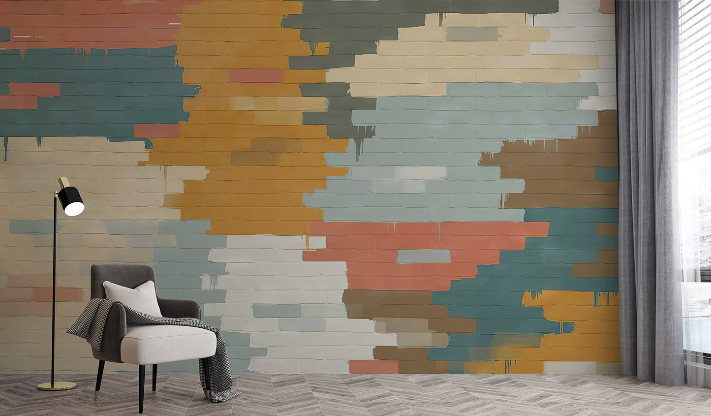 Artistic brick mural featuring bold and vivid colors
