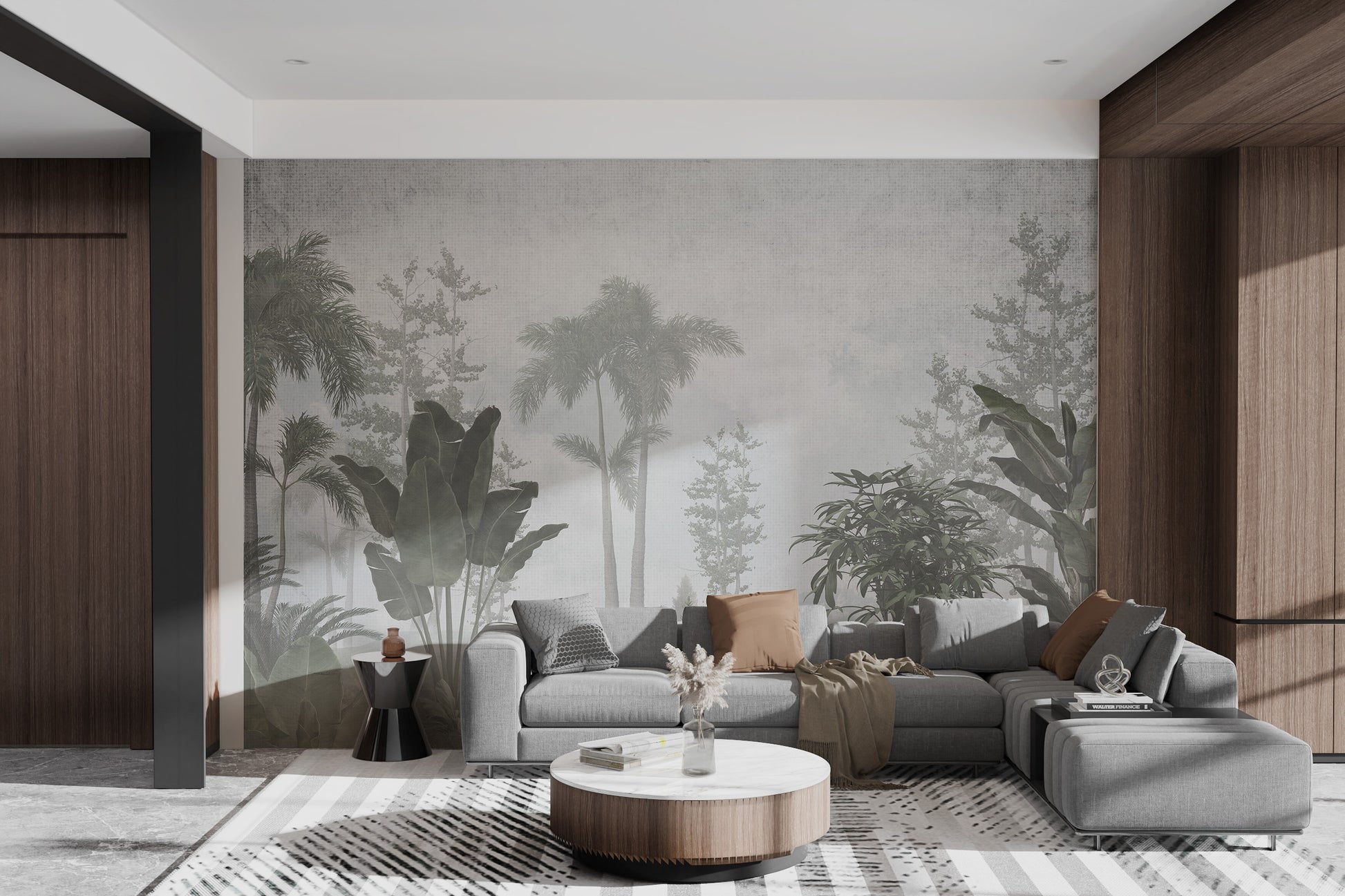 Elegant tropical foliage wallpaper with natural tones.