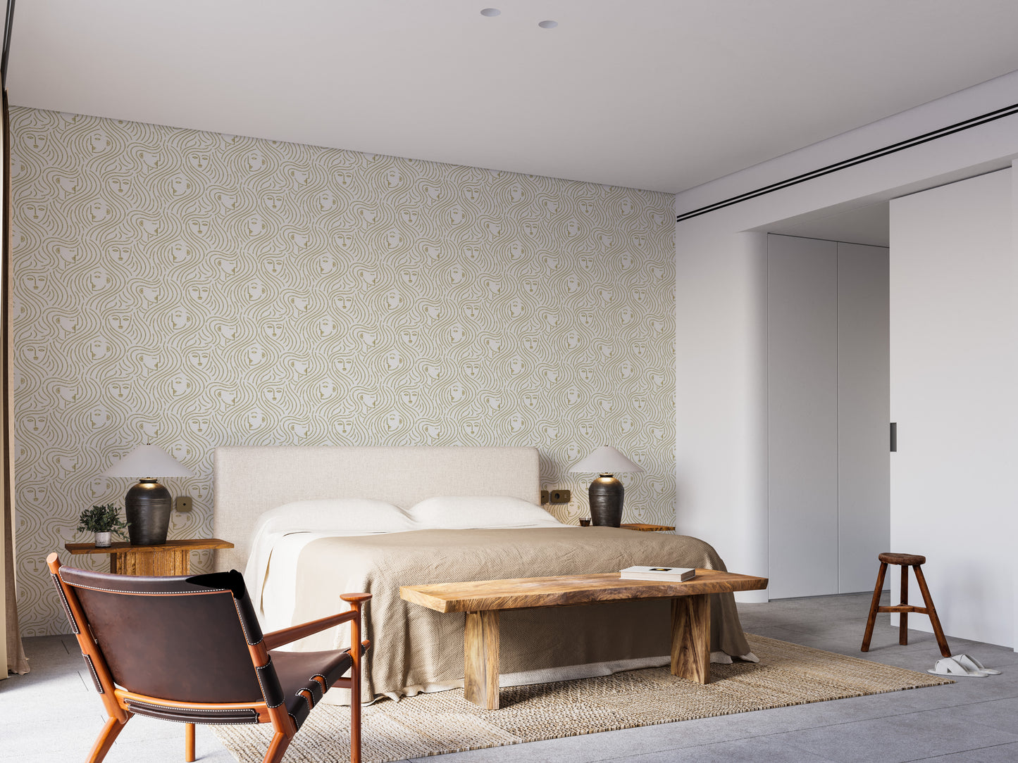 Repetitive face motif wallpaper with flowing lines in neutral tones