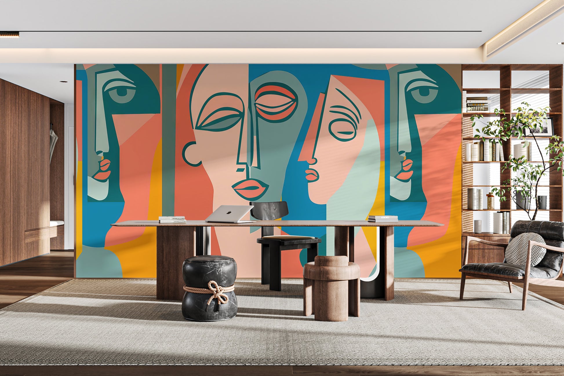 Colorful faces art mural with bold abstract designs
