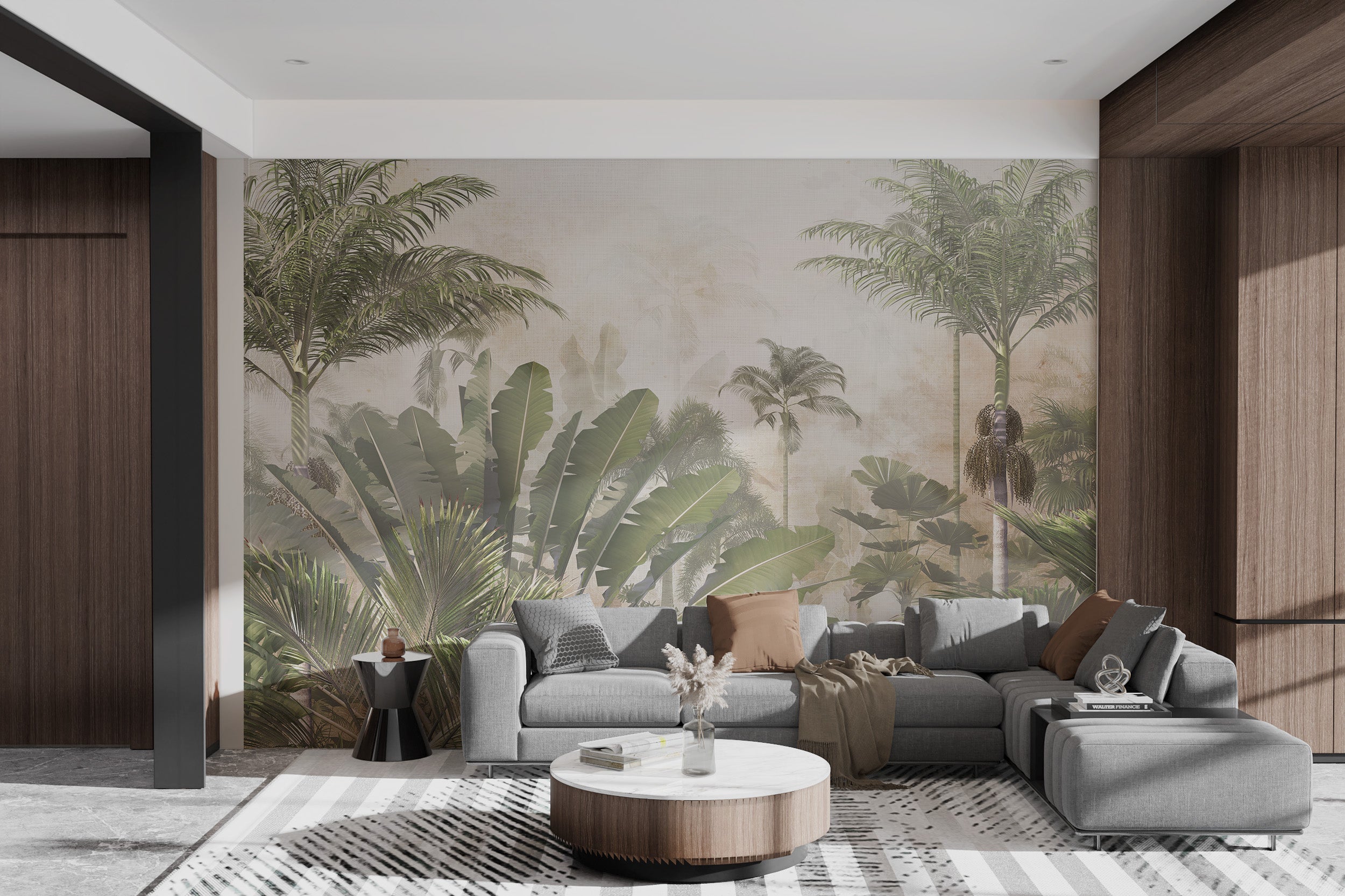 Nature-inspired wallpaper with palm trees and plants.