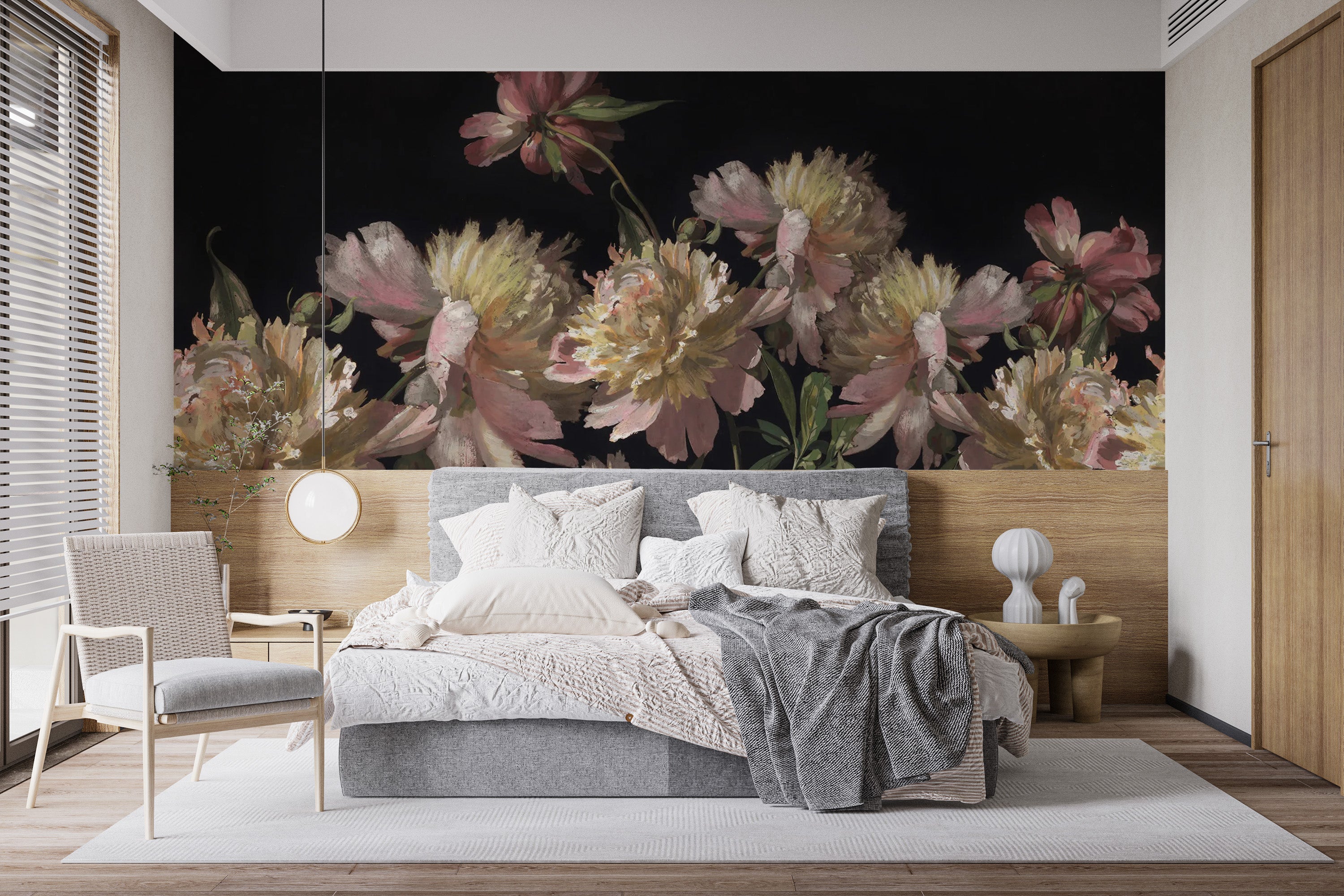 Dreamy watercolor mural featuring peony blossoms for walls
