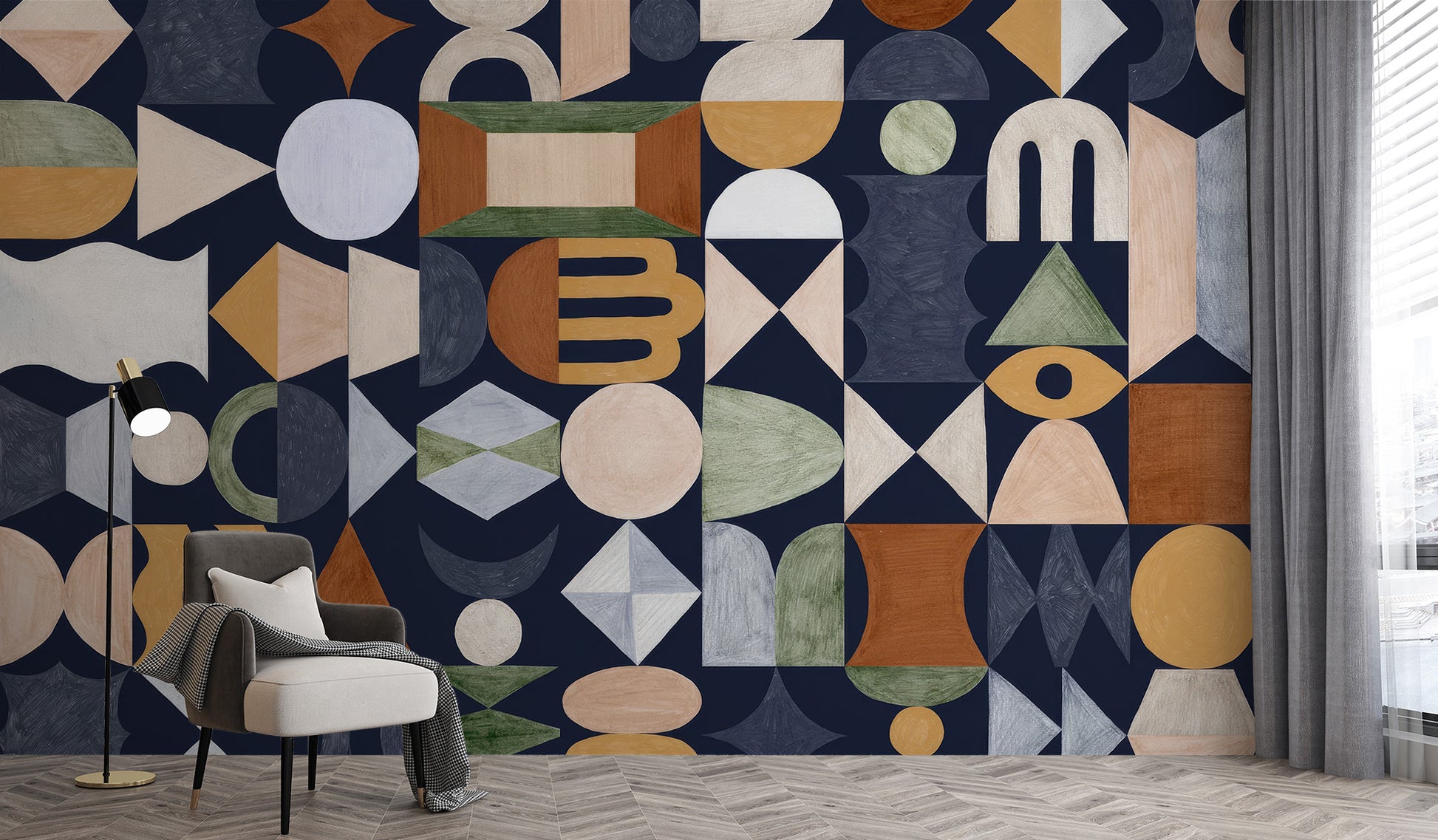 Abstract wallpaper with colorful retro geometric totem shapes
