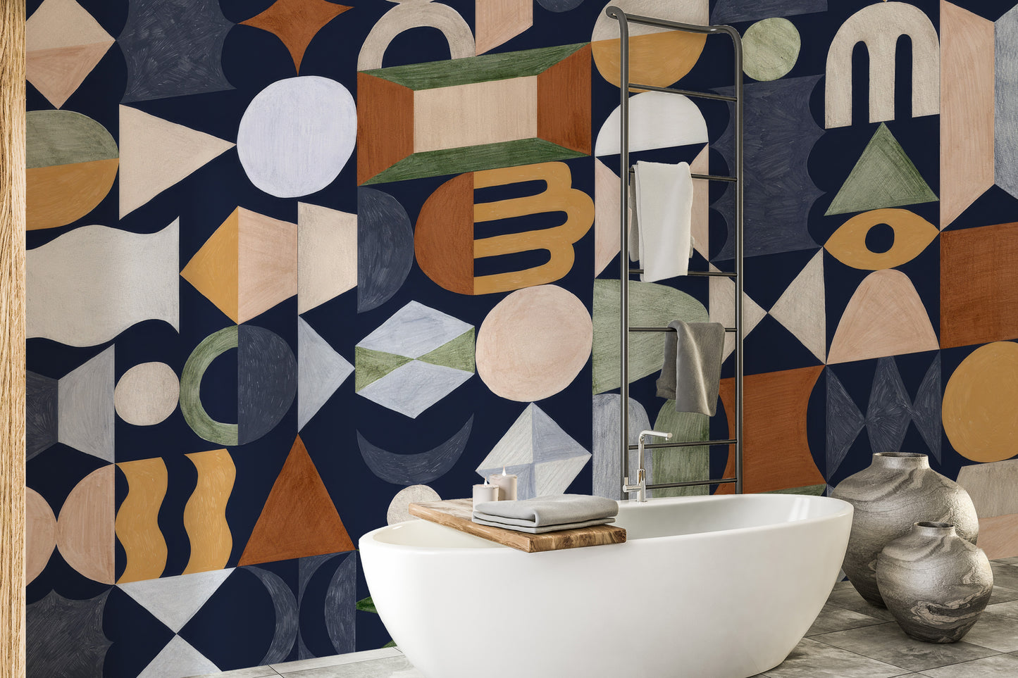 Modern retro wallpaper featuring bold geometric totems
