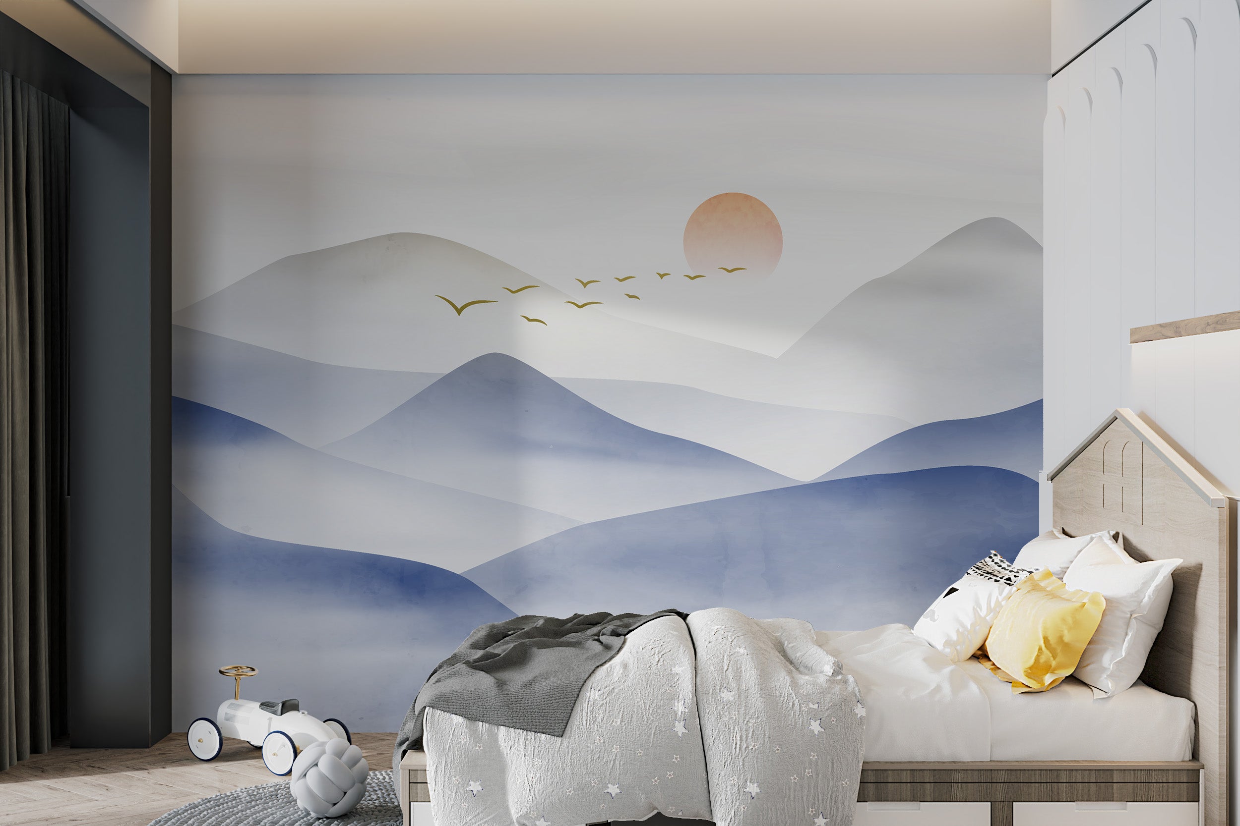 Tranquil misty peaks wallpaper design
