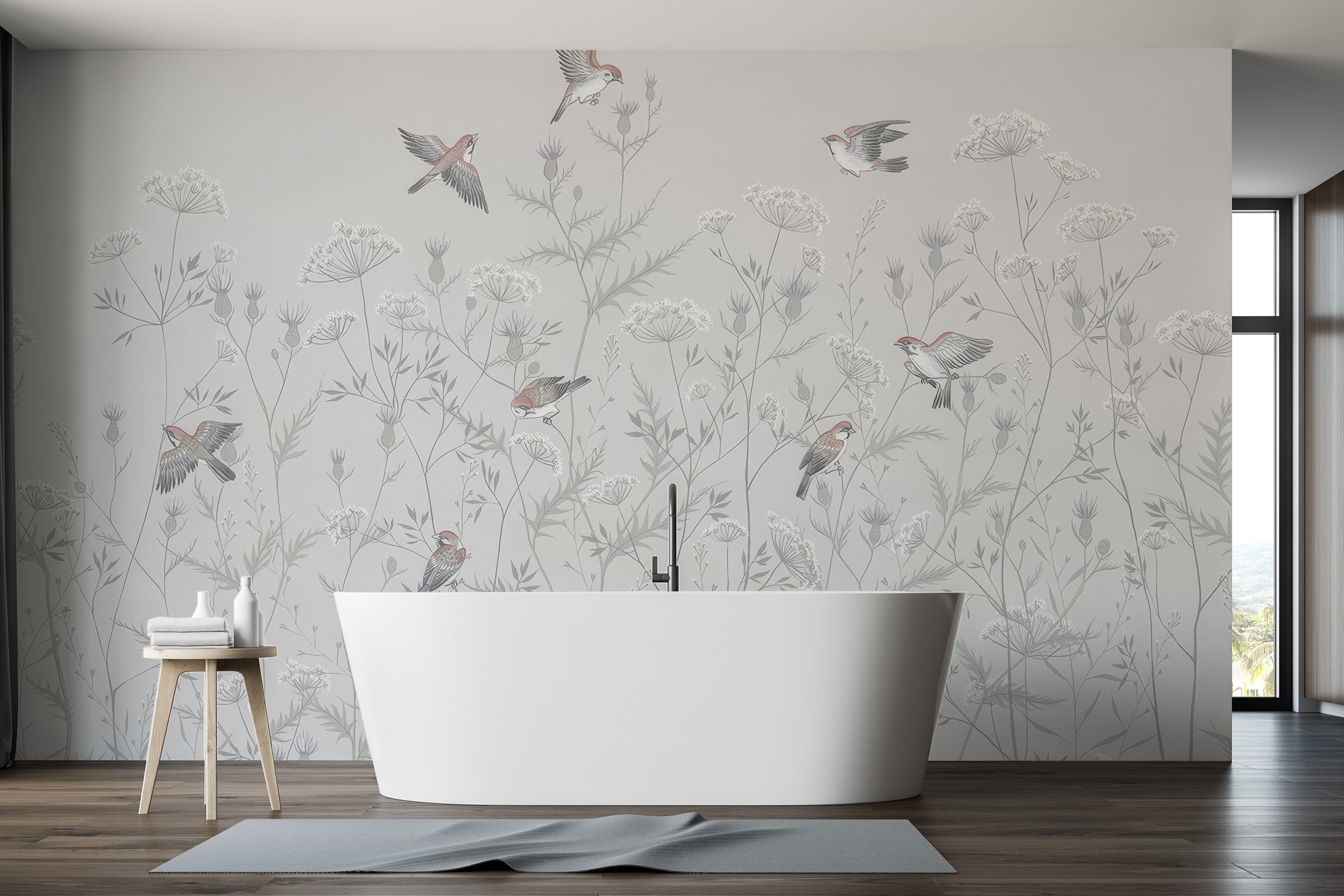 Self-adhesive whispering birds floral wallpaper for walls