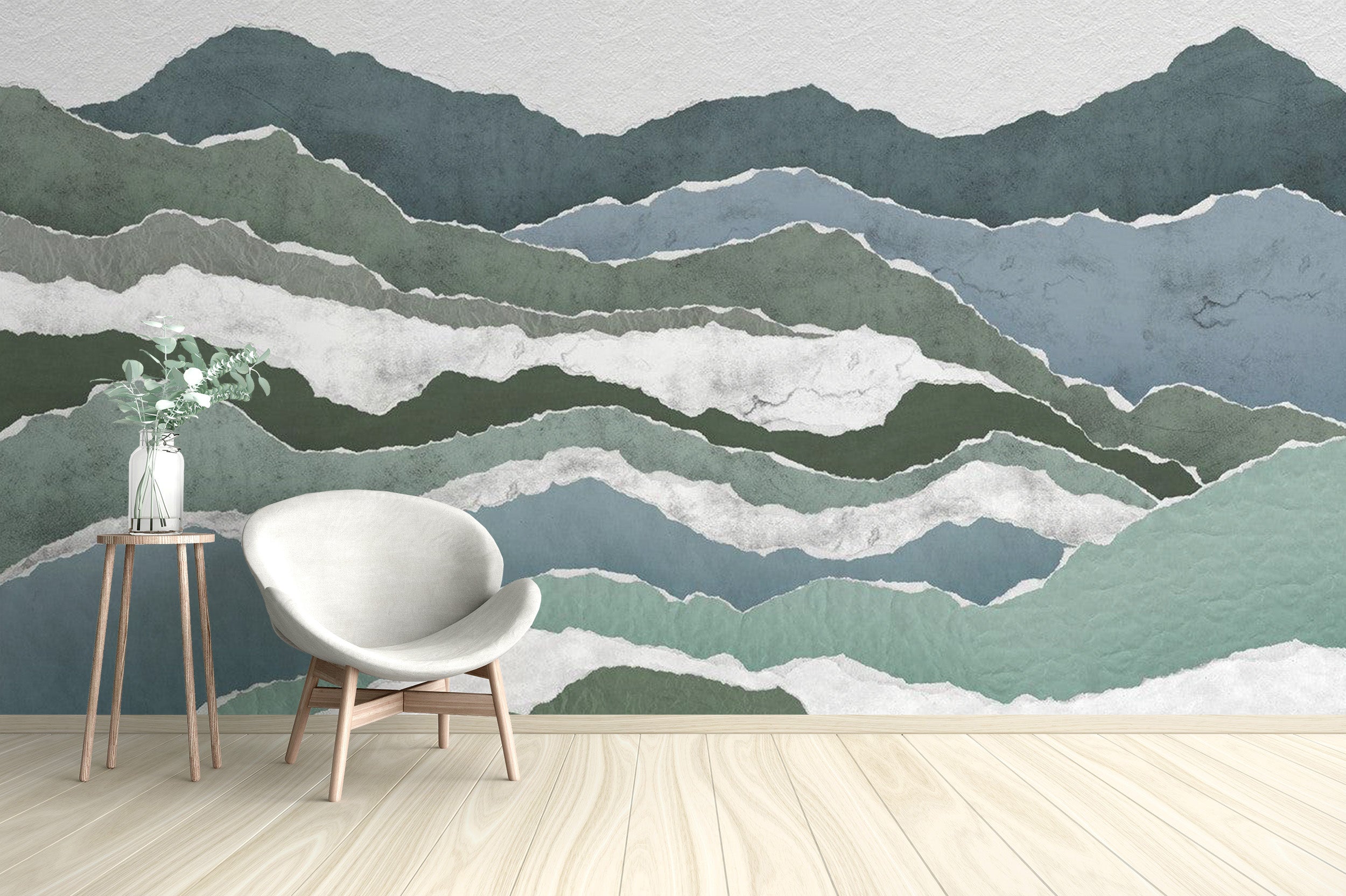 Subtle watercolor royal peaks mural for calming ambiance