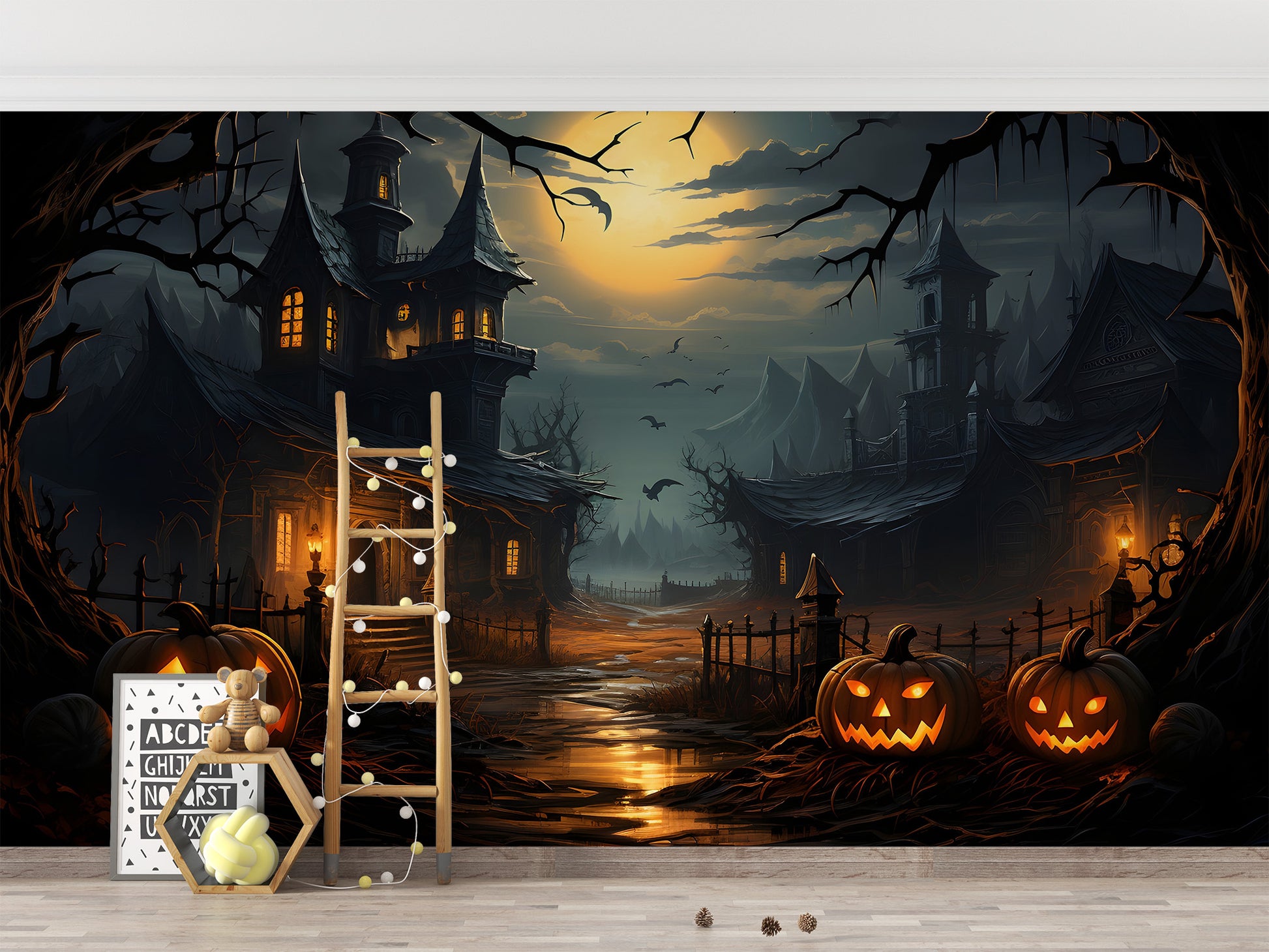 Spooky haunted house design for Halloween-themed rooms
