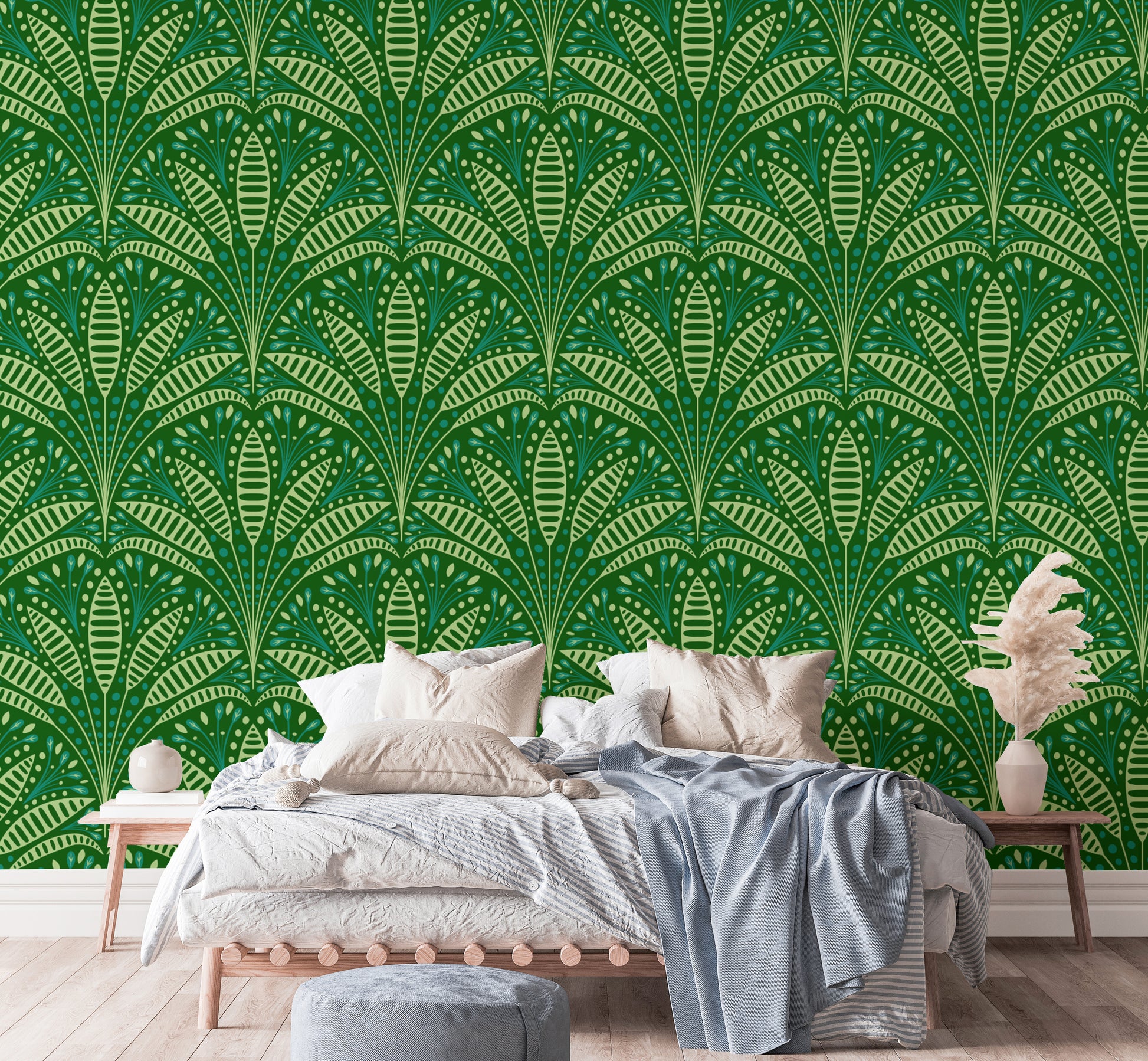 Stylish green palm wallpaper with an Art Deco aesthetic
