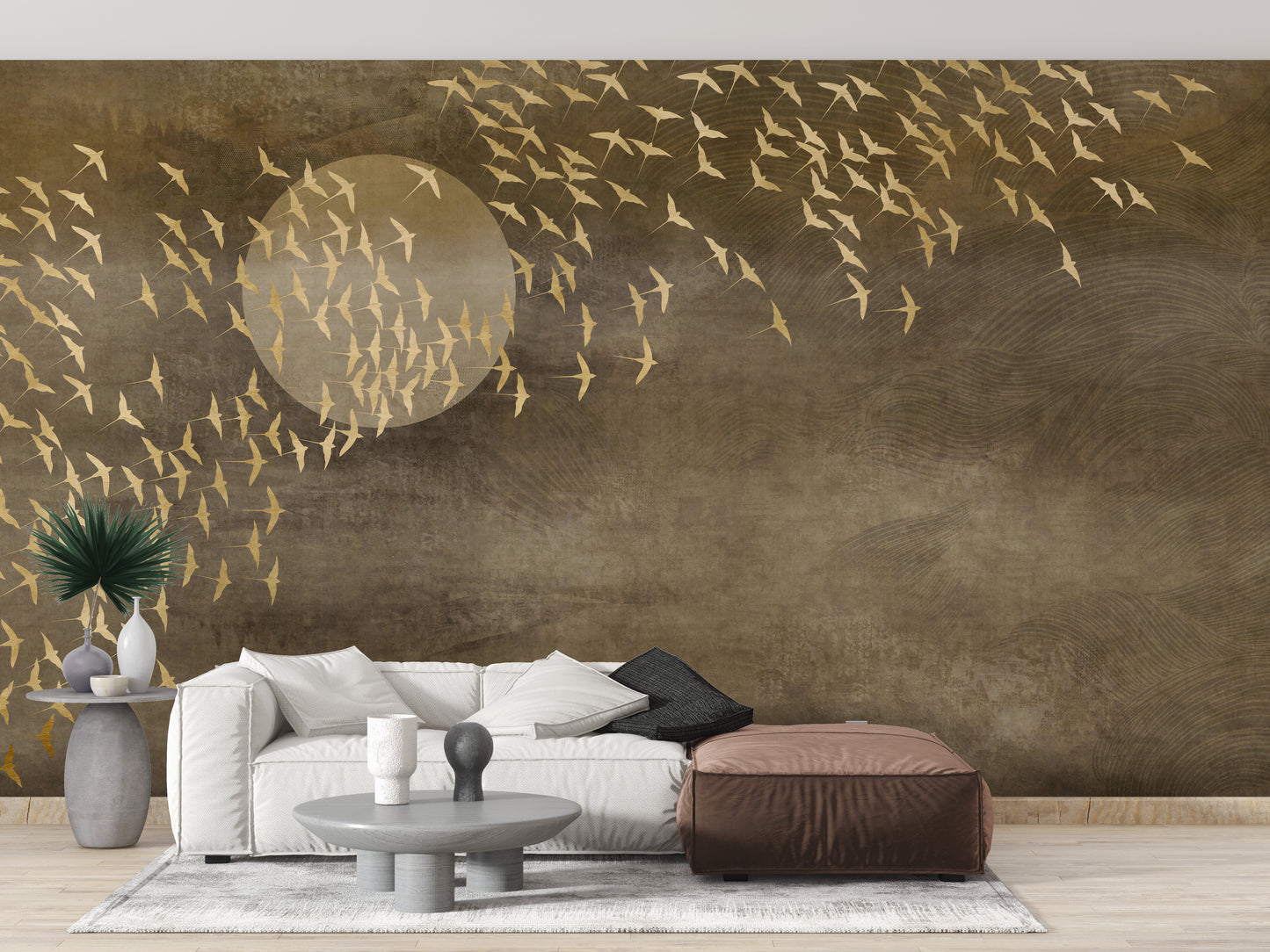 Golden Birds Flying in Sky Wallpaper Murals