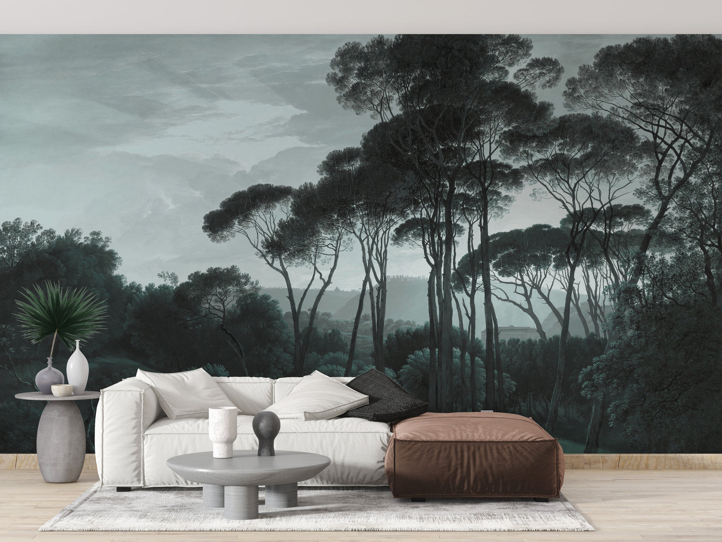 Misty forest mural for tranquil wall spaces
