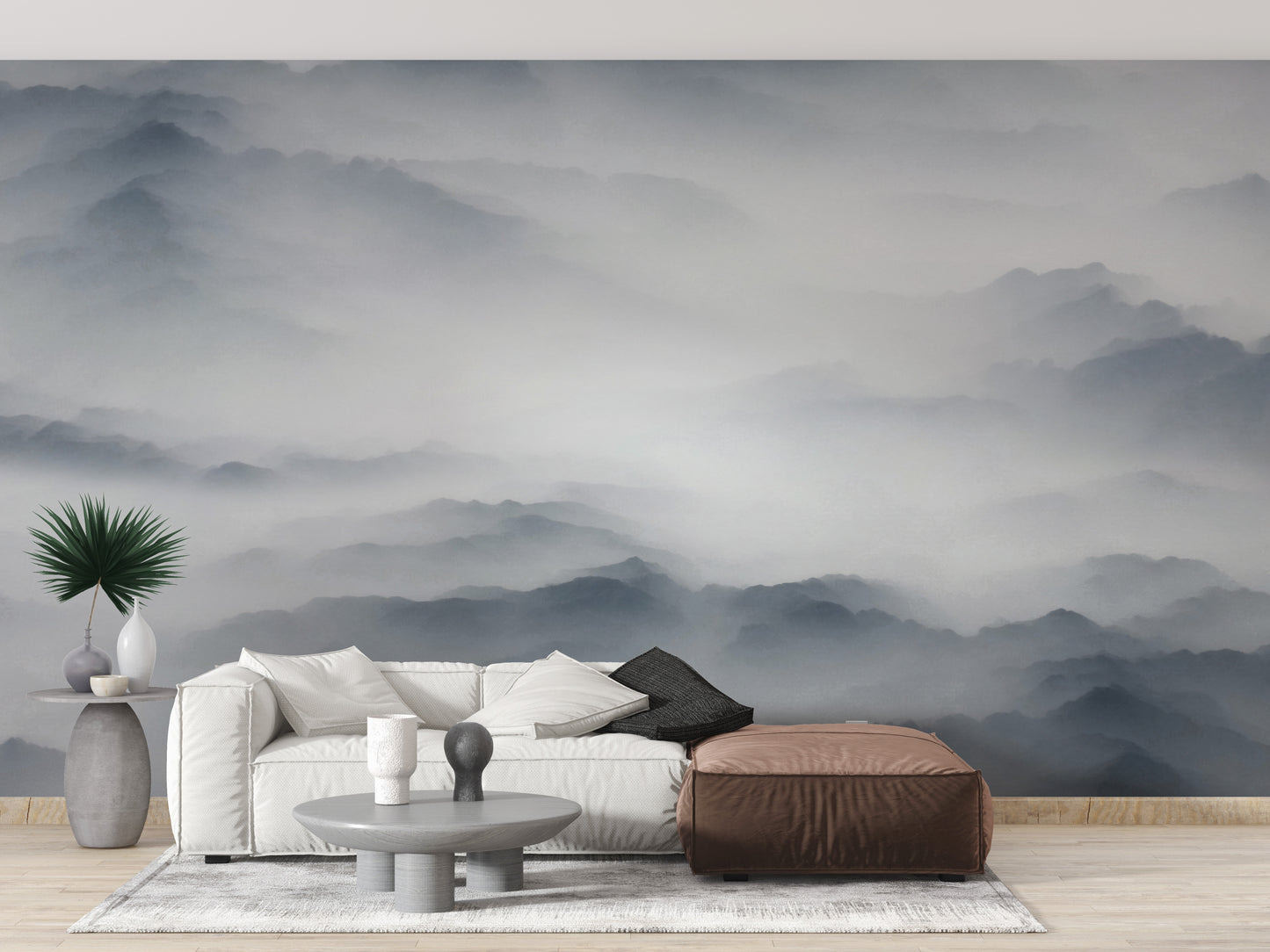 Foggy hills mural wallpaper for serene spaces
