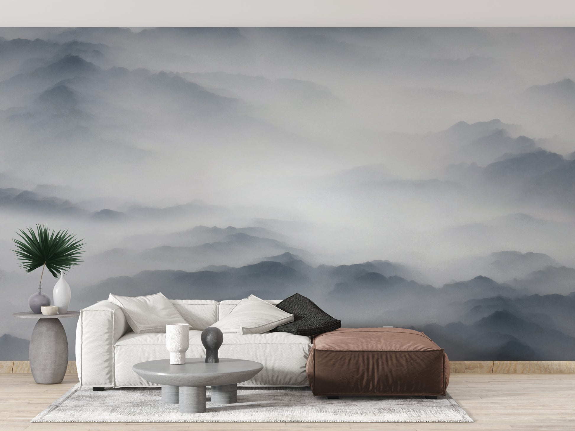 Foggy hills mural wallpaper for serene spaces
