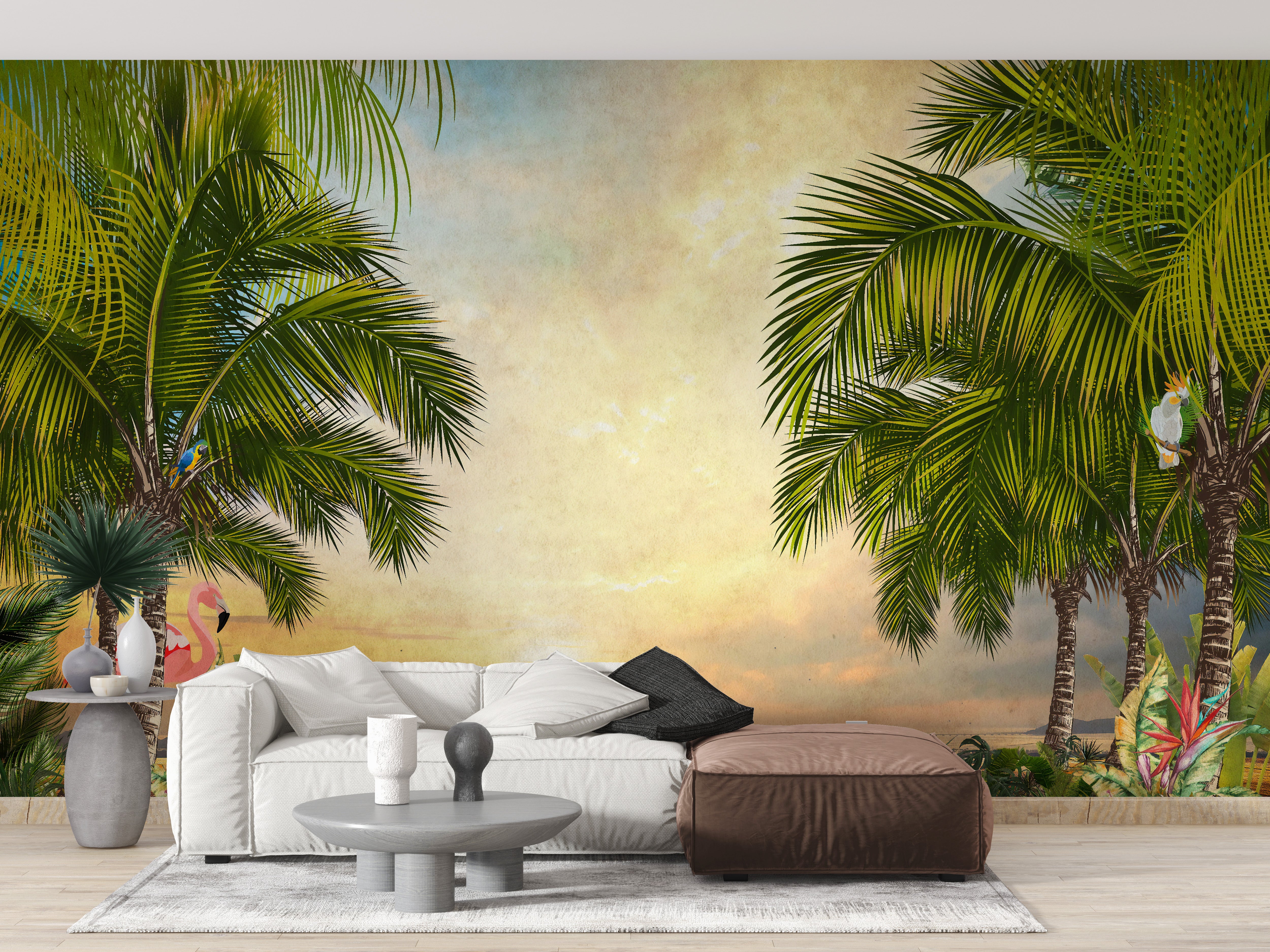 Green trees and sunset scene wall decor.
