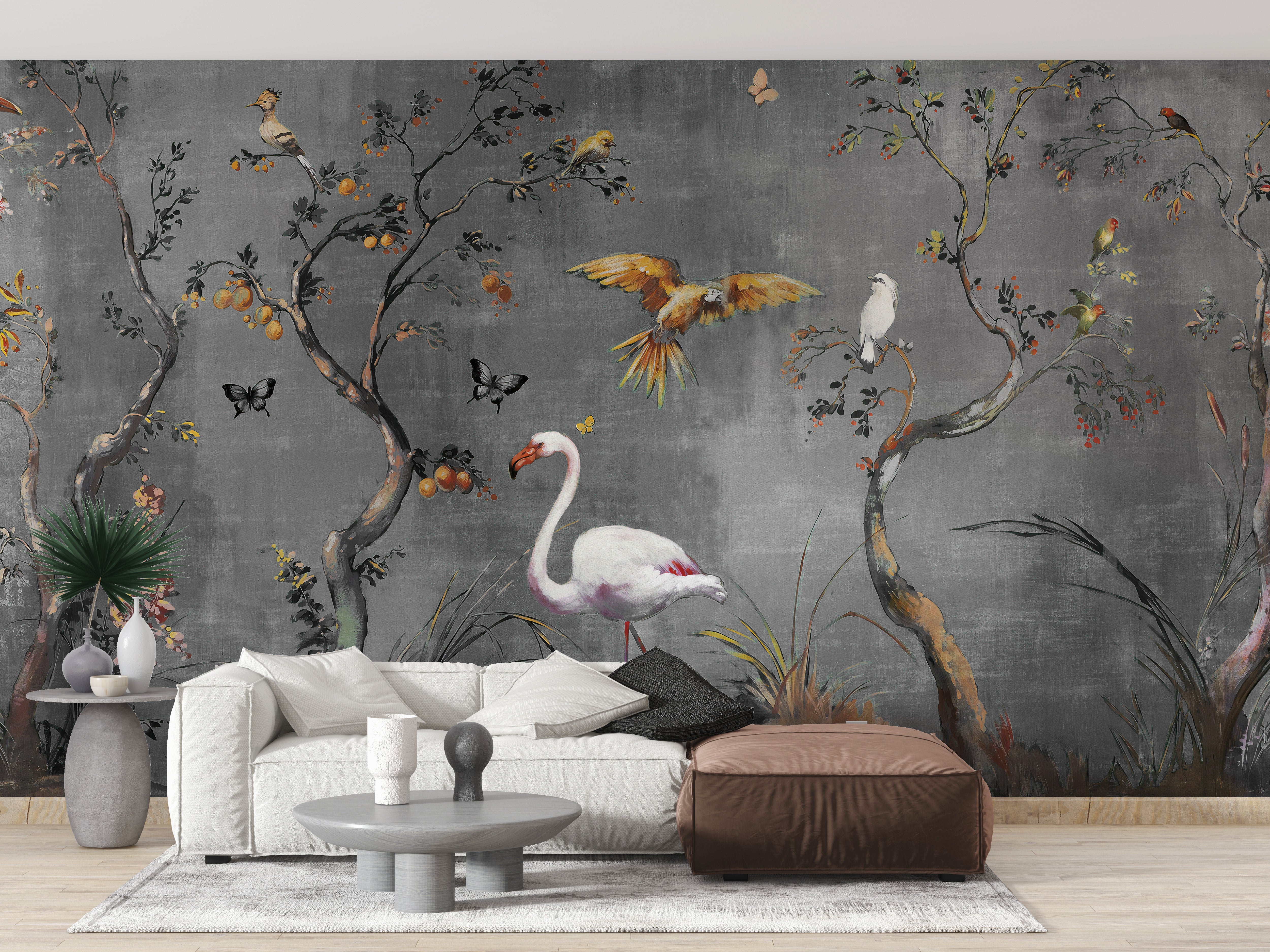 Elegant flamingo and nature-inspired mural.
