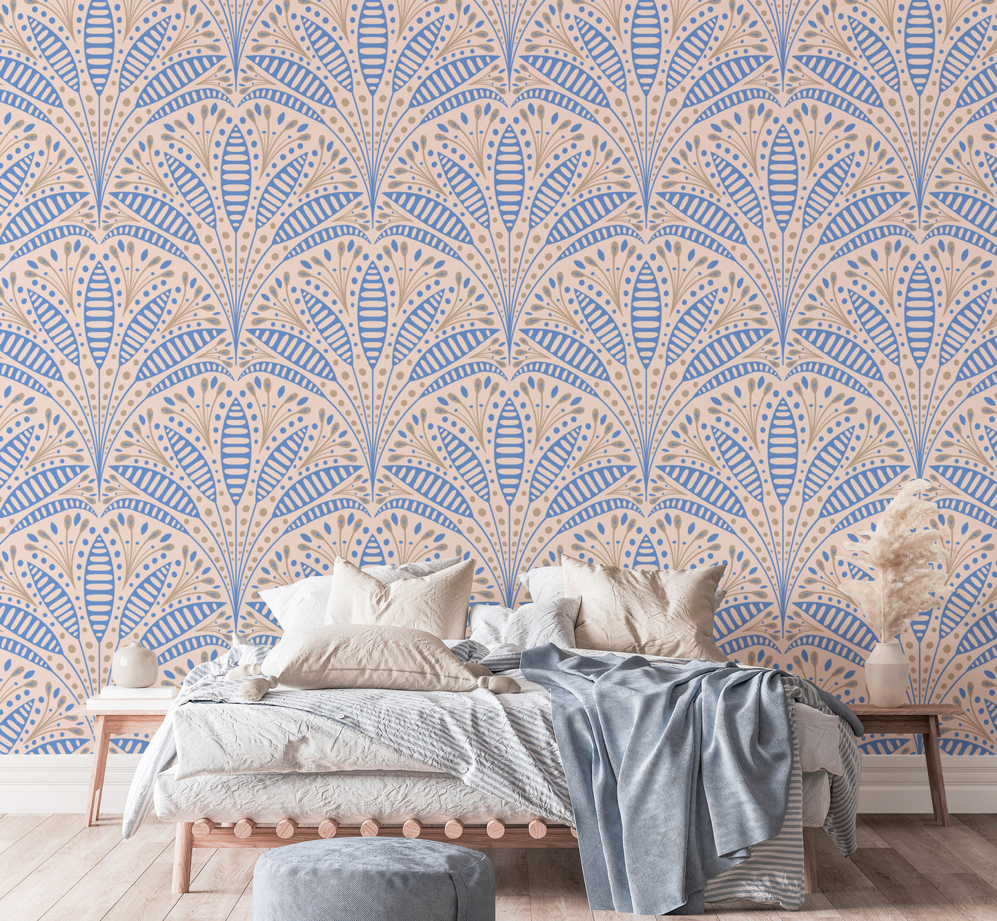 Stylish blue palm wallpaper with an Art Deco aesthetic
