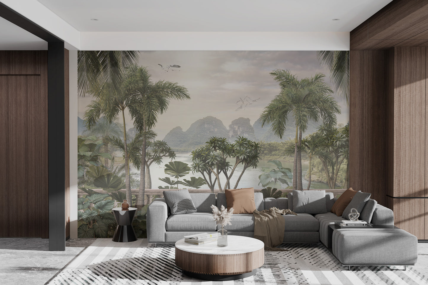 Calm and serene tropical forest wall mural in bedroom