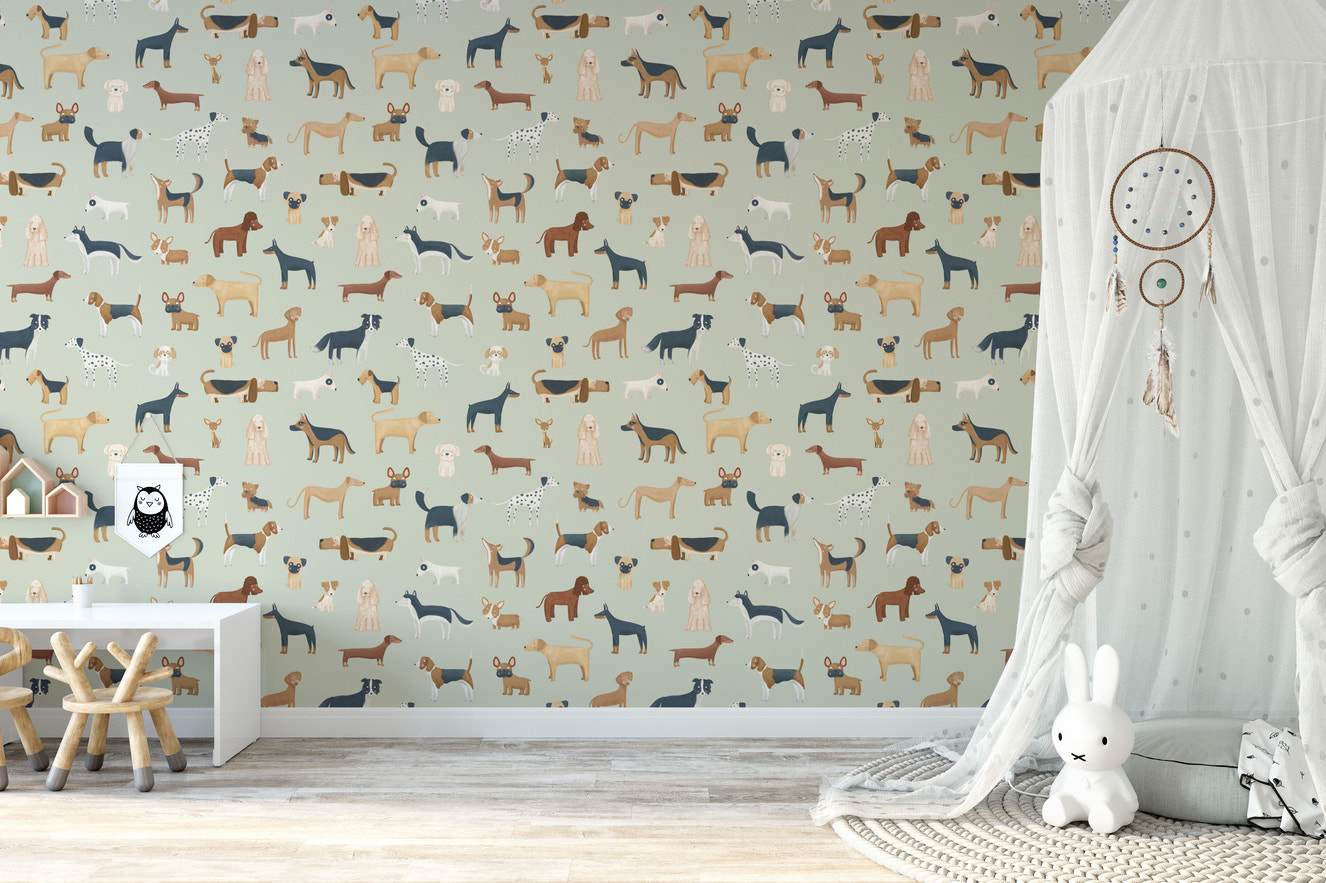 Sage Green Dogs Breed Pattern Wallpaper