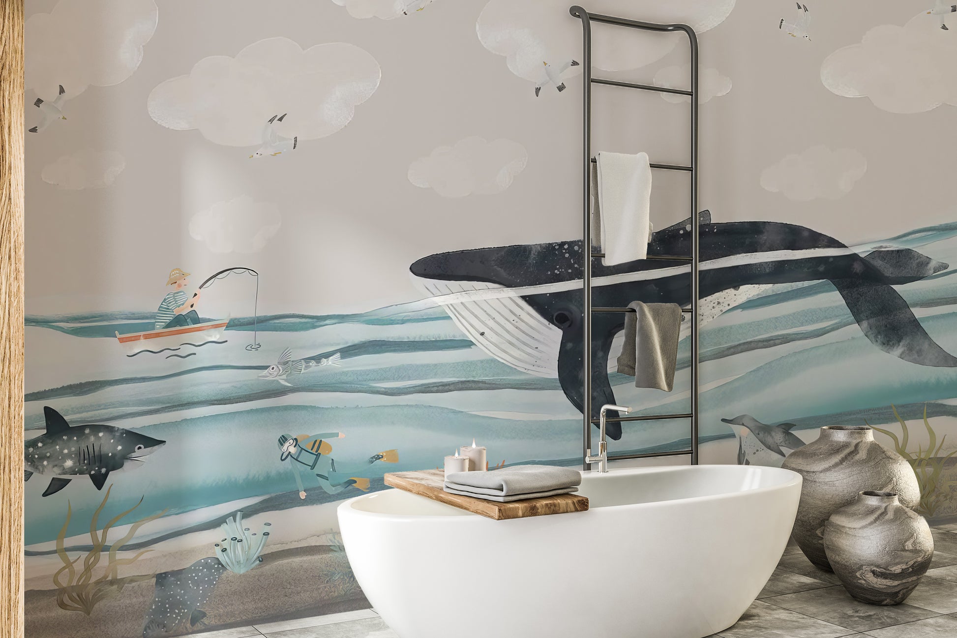 Playful big whale wallpaper mural creating a fun aquatic atmosphere
