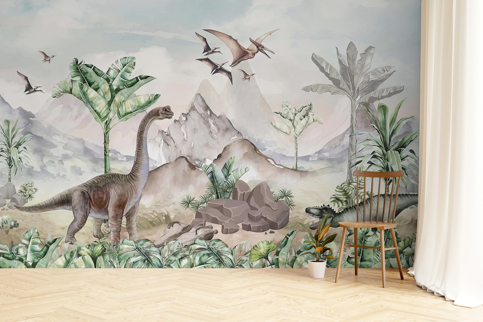 Dinosaur-themed wall mural featuring a Brachiosaurus, a crocodile-like reptile, and soaring pterosaurs surrounded by green foliage and mountains.