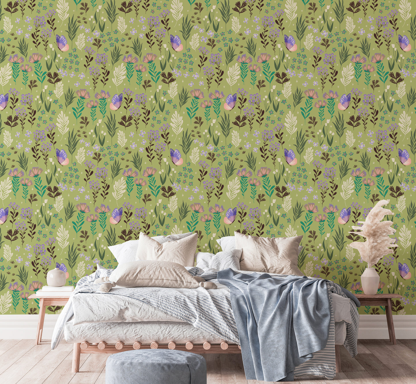 Whimsical butterfly meadow wallpaper in soft green hues
