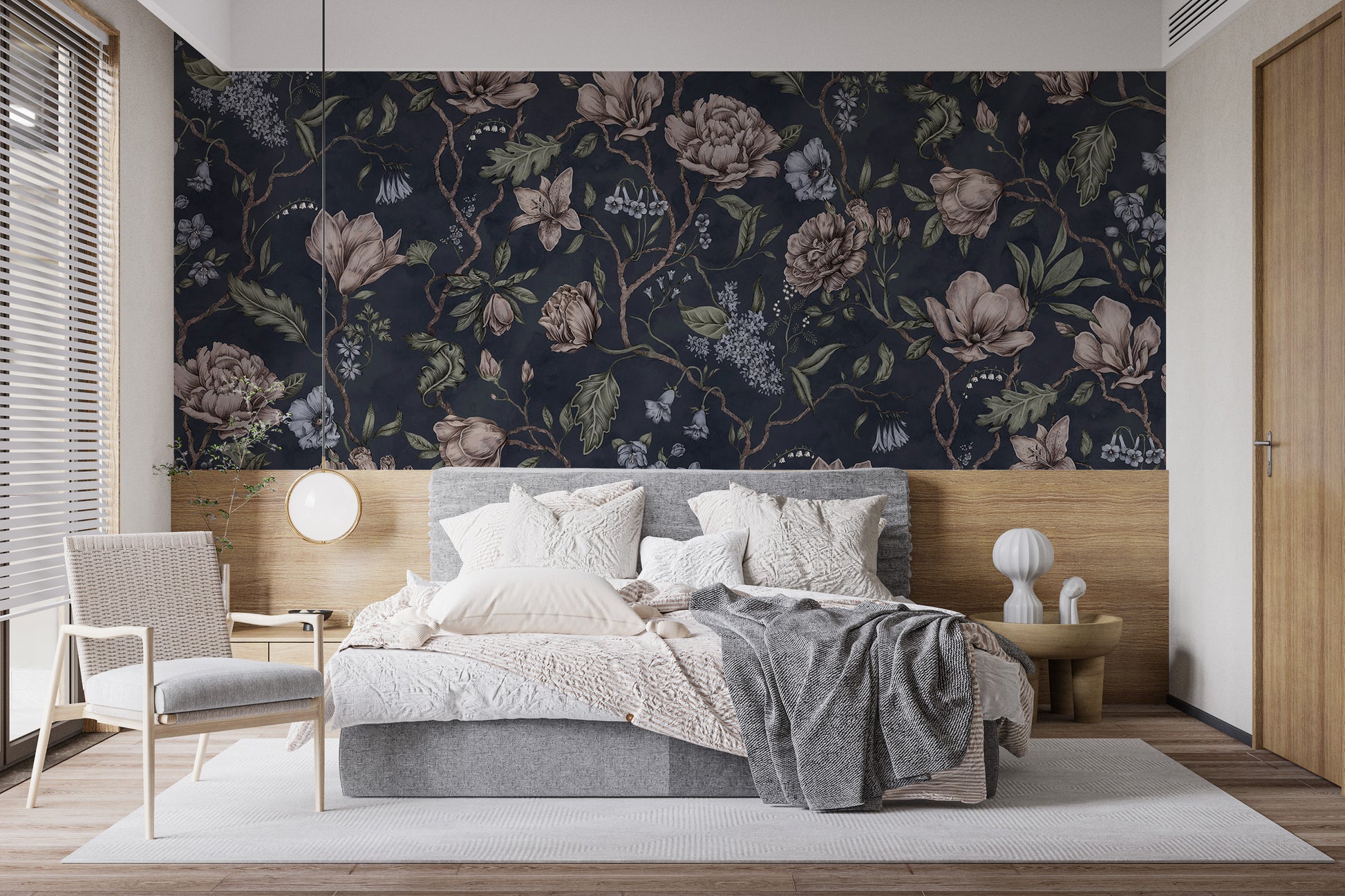 Scenic dark blue chinoiserie mural for elegant spaces