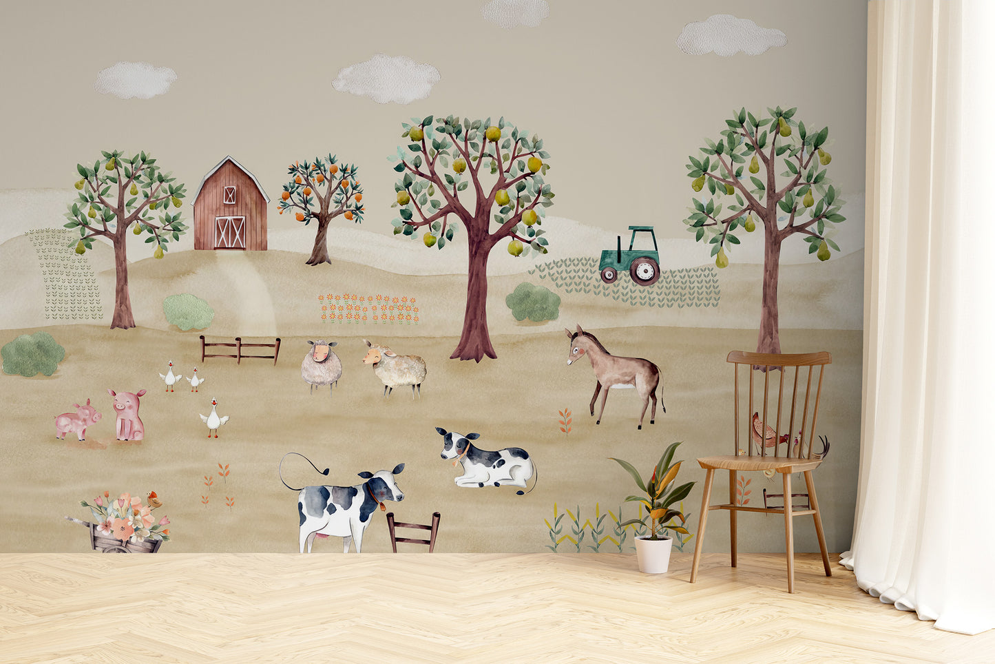 Pastoral farm life mural showcasing country scenery