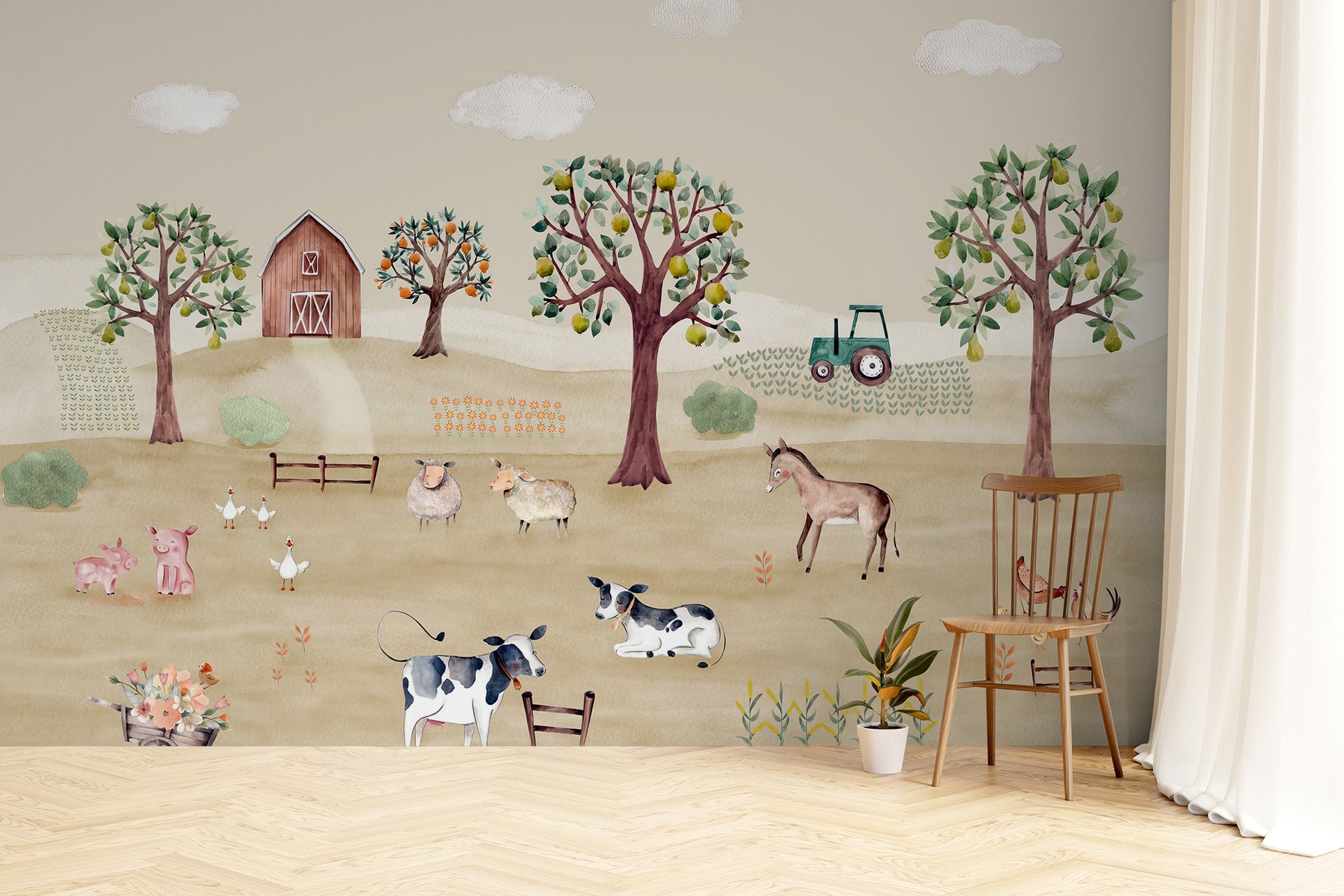 Pastoral farm life mural showcasing country scenery