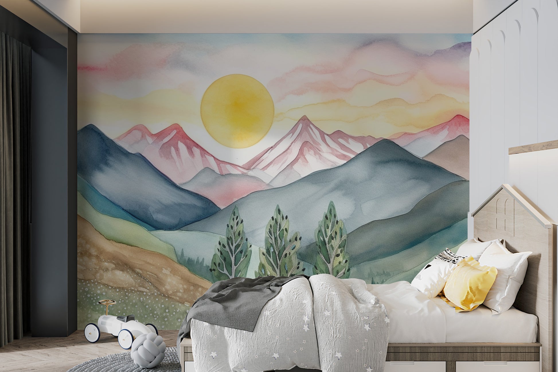 Pastel mountain adventure wall design
