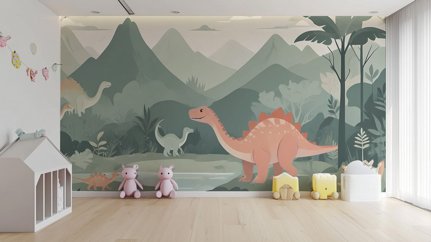 Vibrant dinosaur world mural for children's walls
