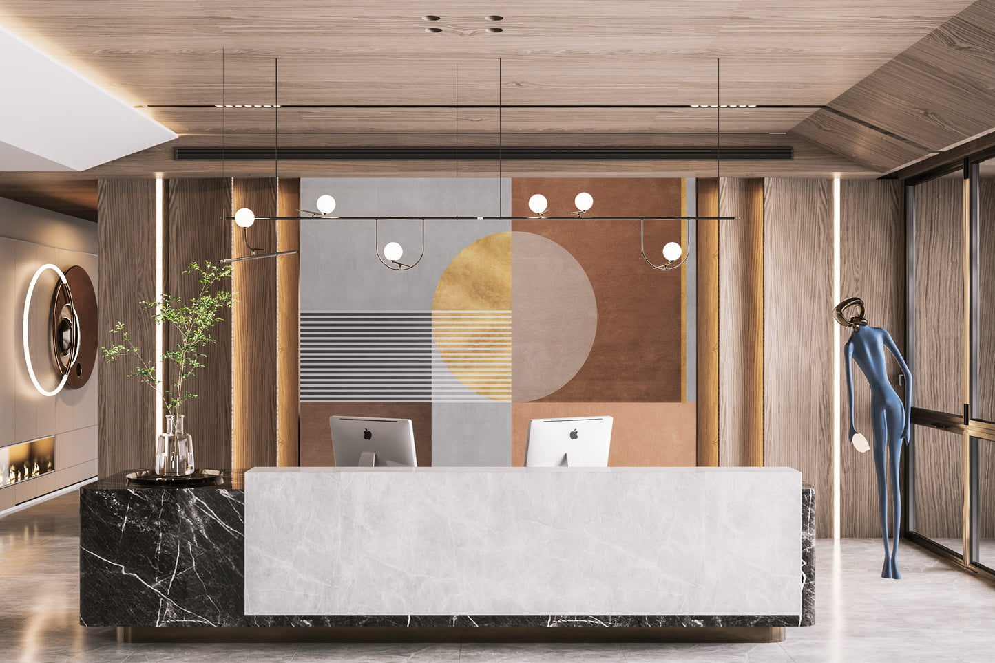 Artistic wall mural with abstract geometric elements