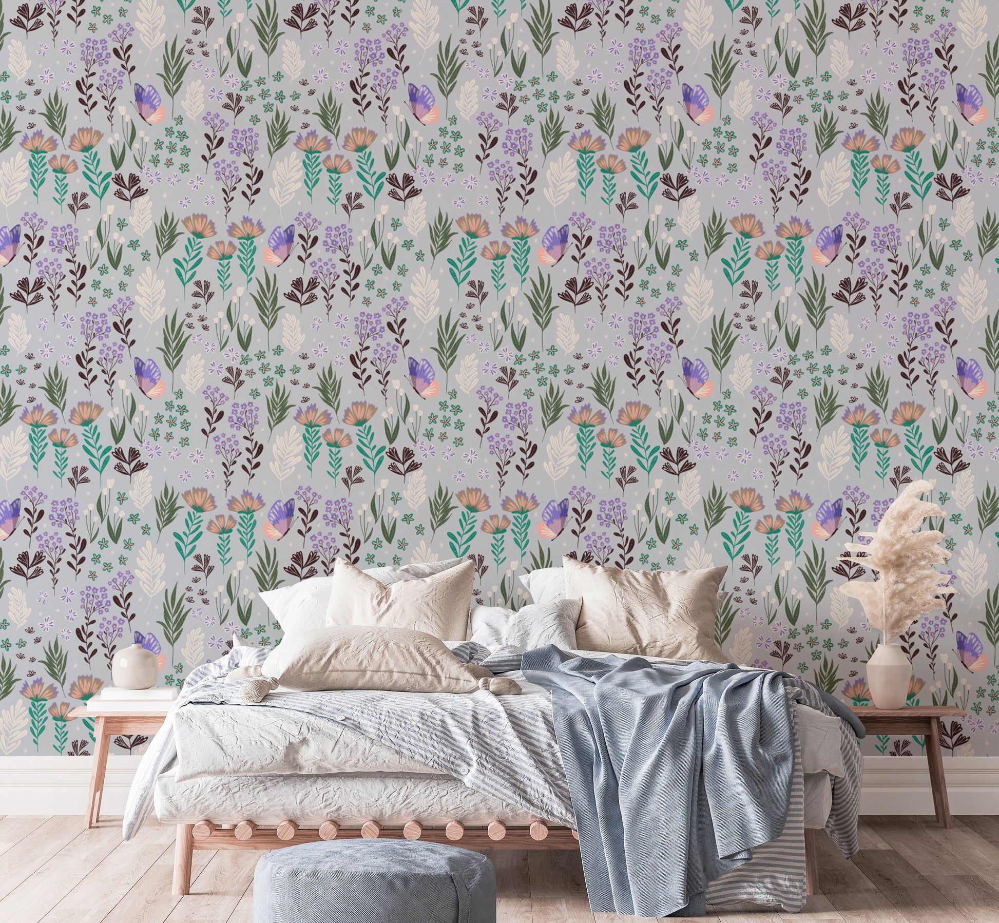 Serene butterfly meadow design for purple wall interiors
