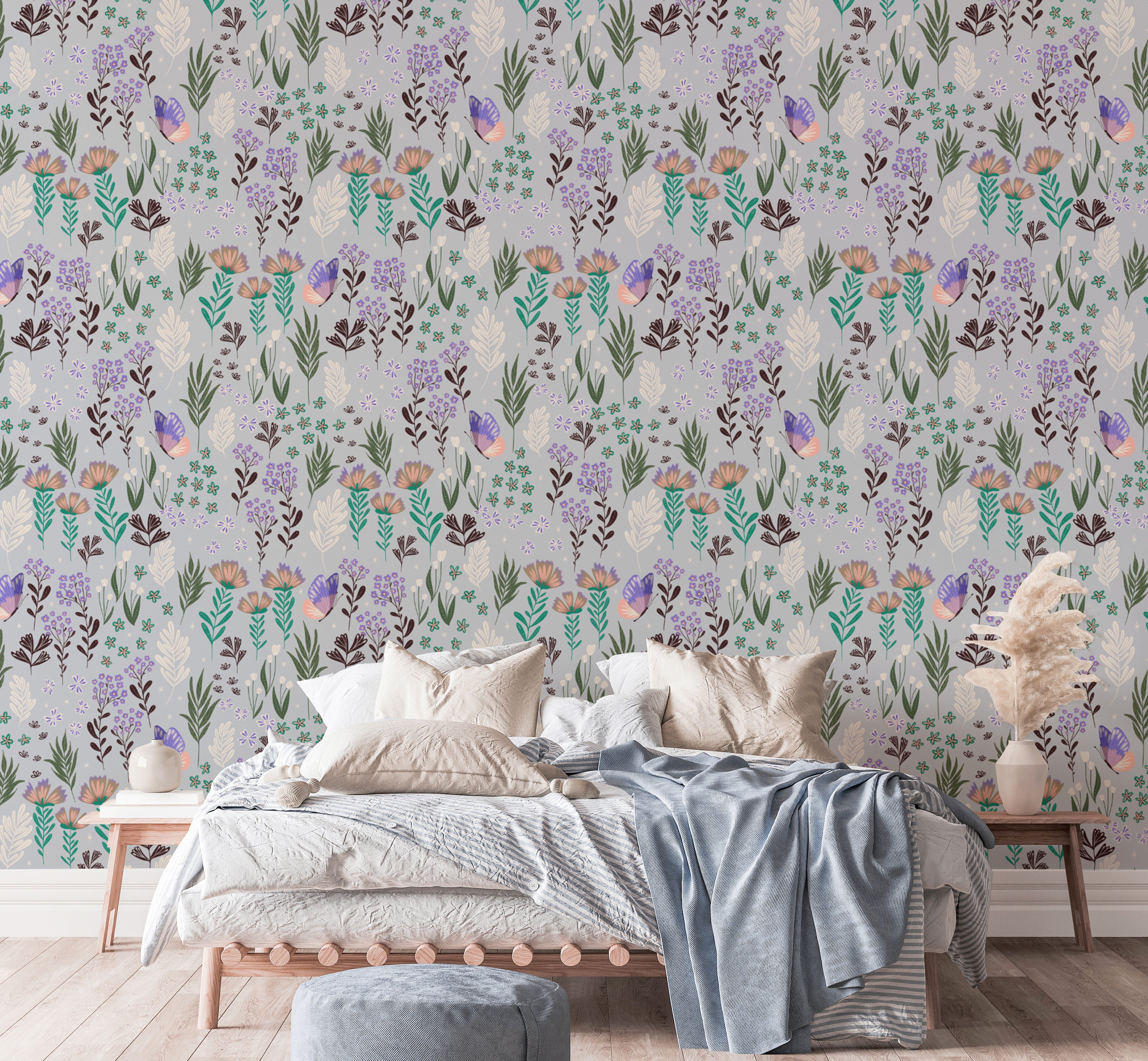 Serene butterfly meadow design for purple wall interiors
