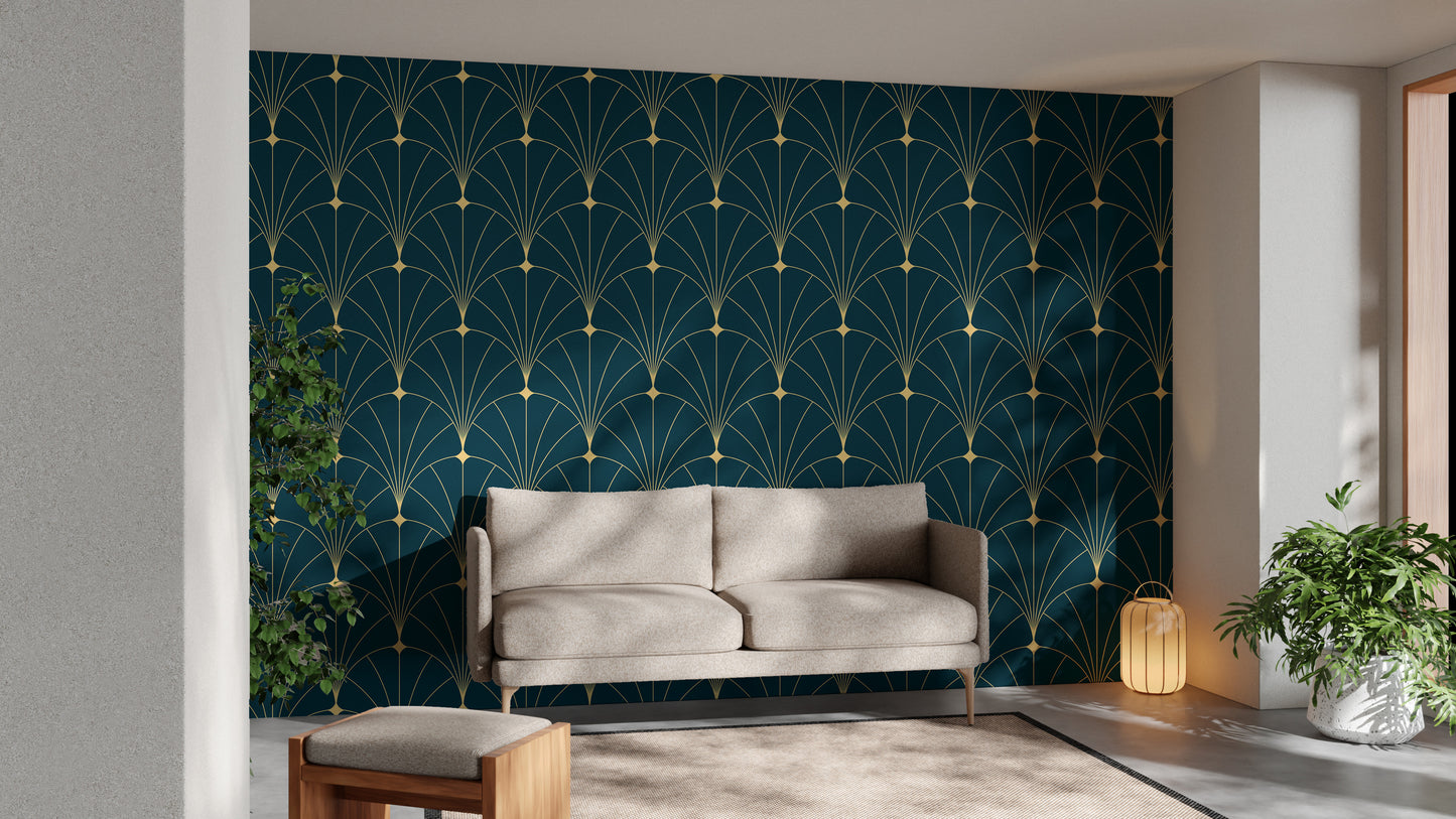 Sleek dark blue Deco-inspired wall design.