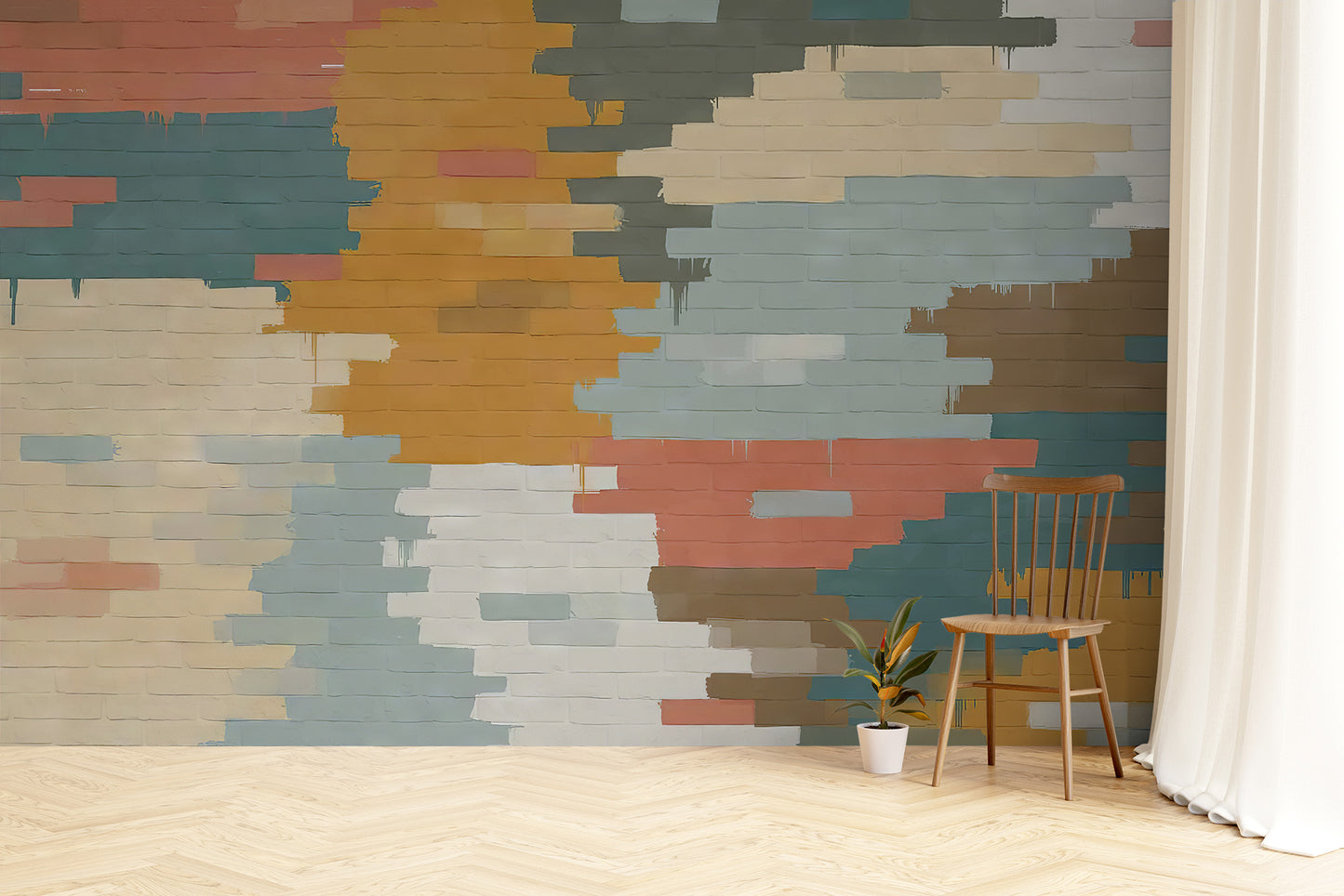 Artistic brick mural featuring bold and vivid colors
