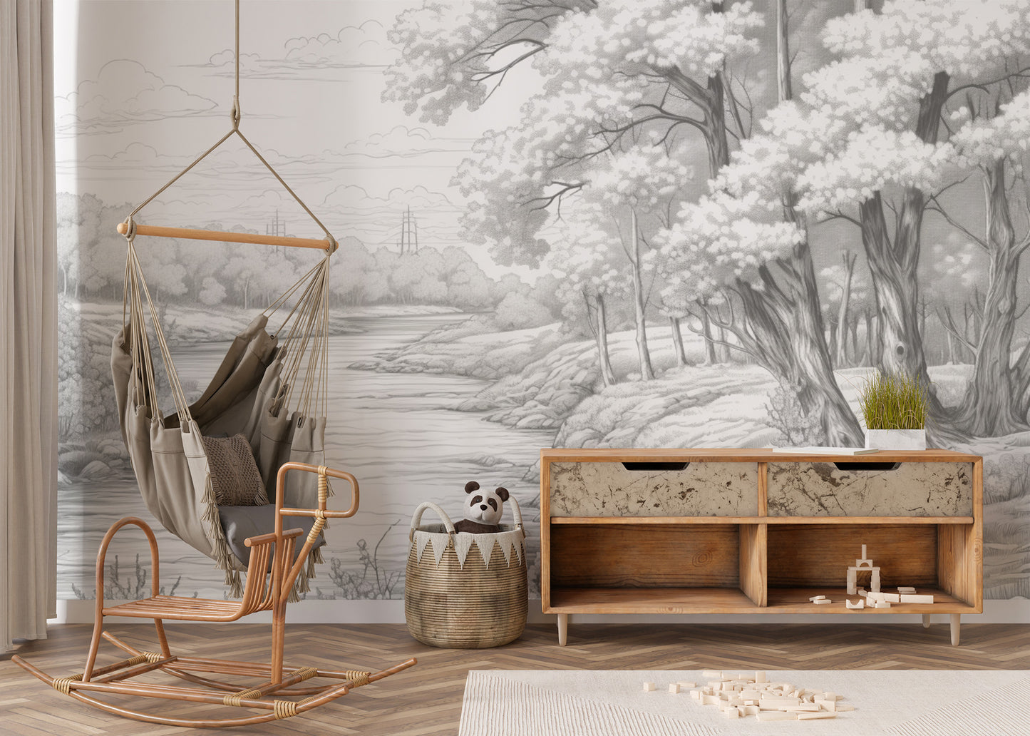 Gentle grey forest wallpaper mural for serene interiors



