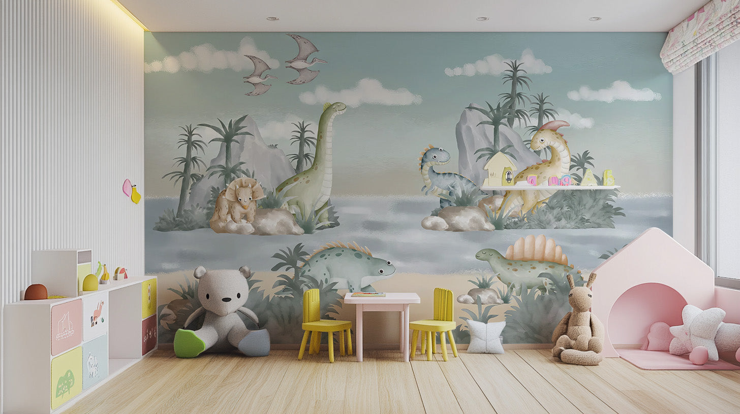 Kids wall mural with cartoon dinosaurs on vibrant hills
