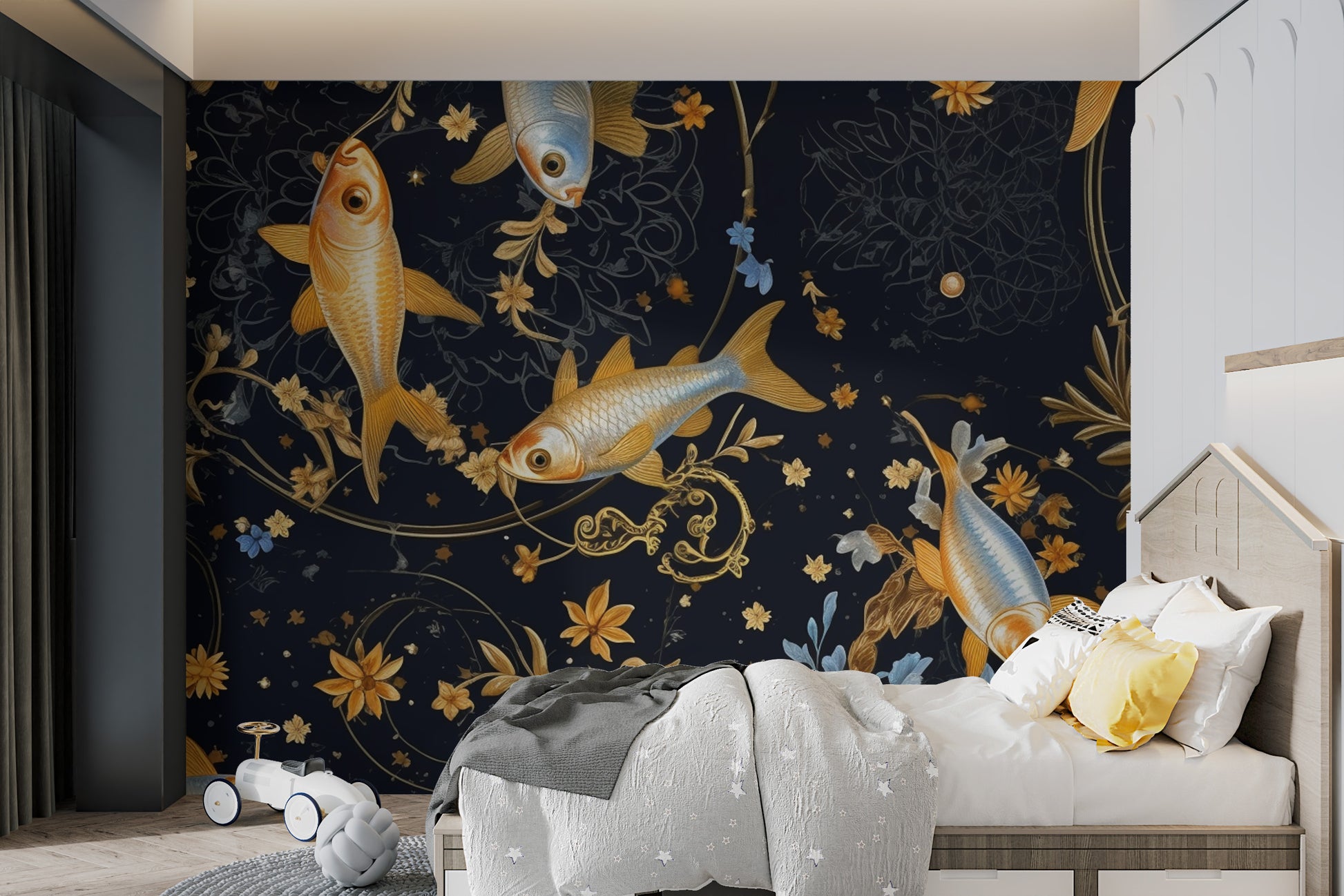 Exquisite fish and floral wallpaper in rich colors