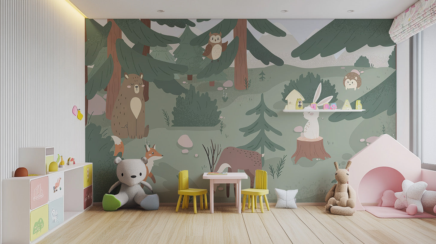 Vibrant wallpaper mural with playful forest animals and trees
