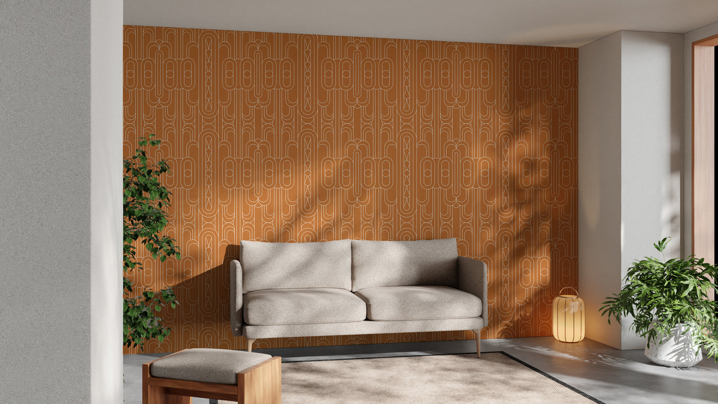 Elegant orange and white Deco linear wallpaper.