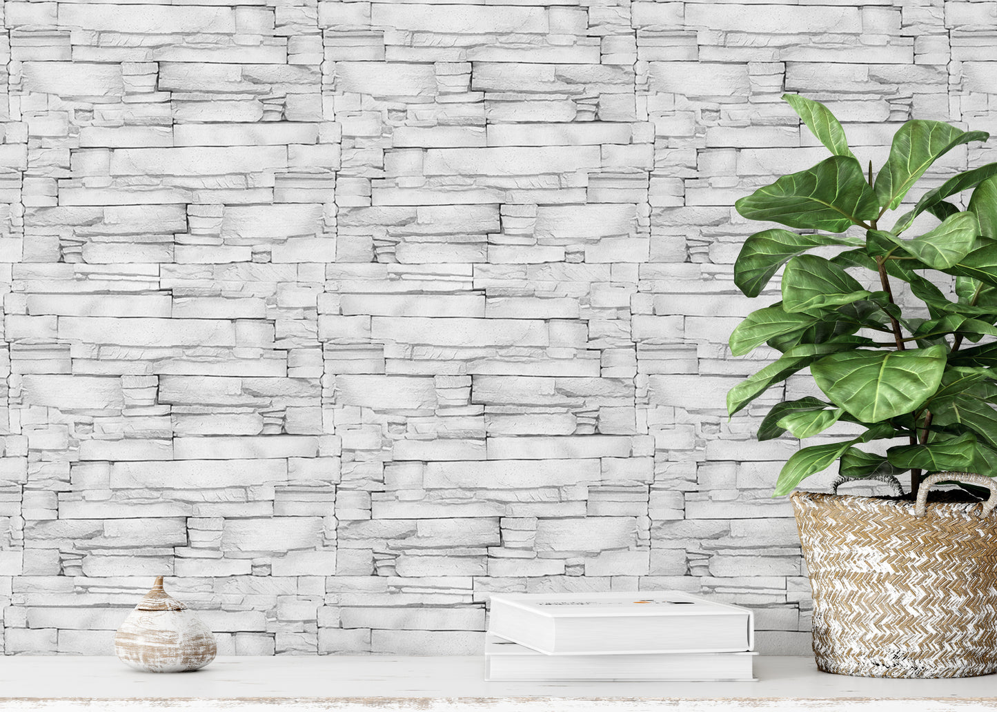 White Color Limestone Decorative Pattern Aligned Masonry Wallpaper