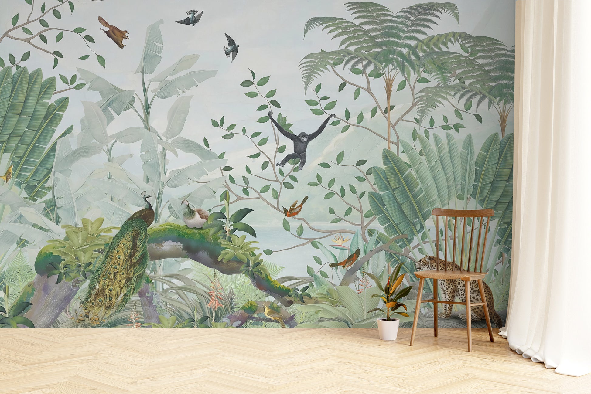 Tropical jungle nursery wallpaper with lush green foliage
