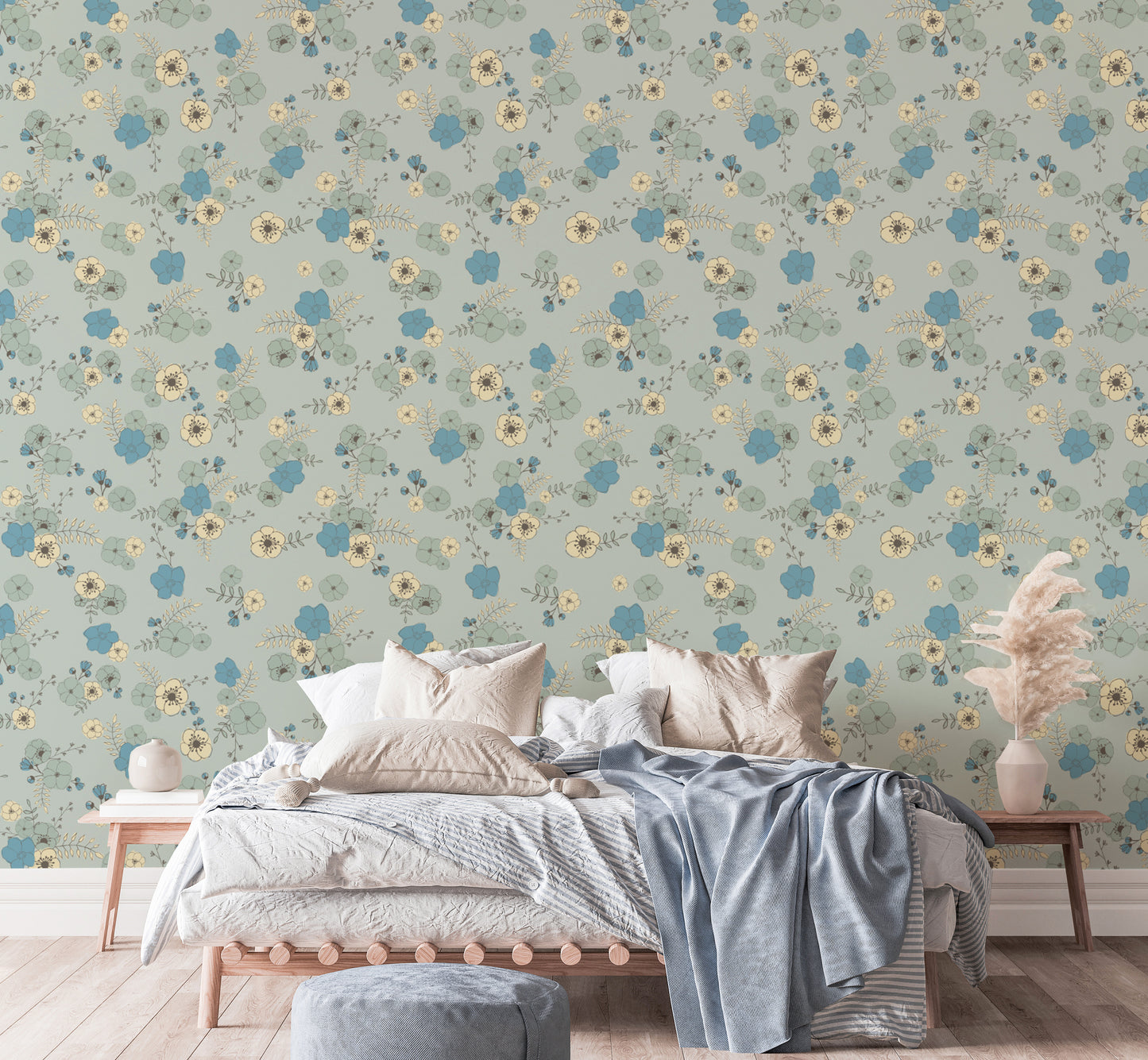 Ditsy Blooms Pastel Blue Wallpaper