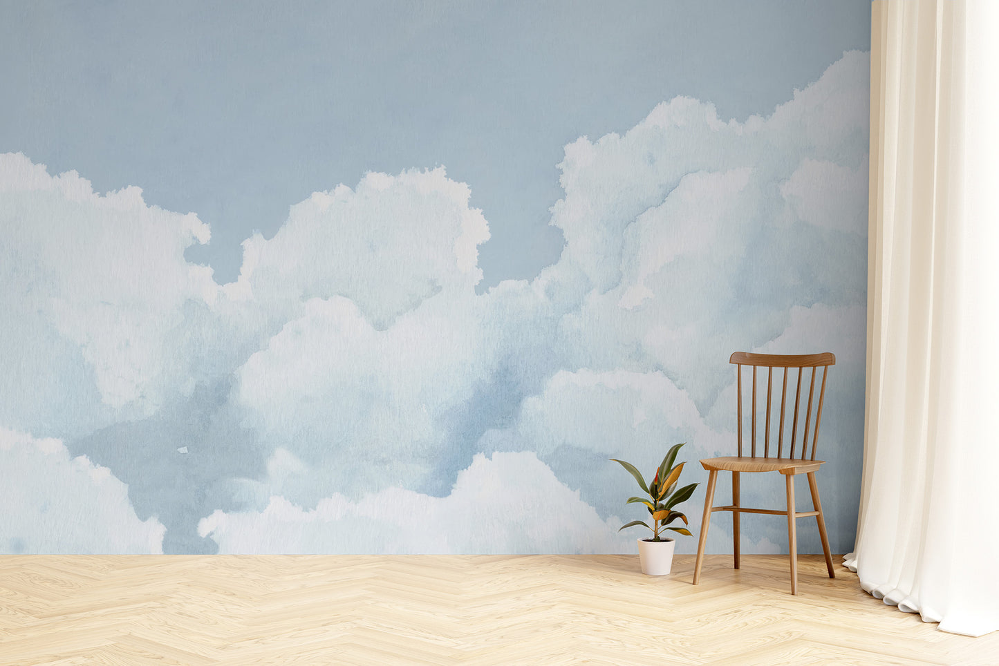 Dreamy wallpaper mural featuring a cloudy blue sky design
