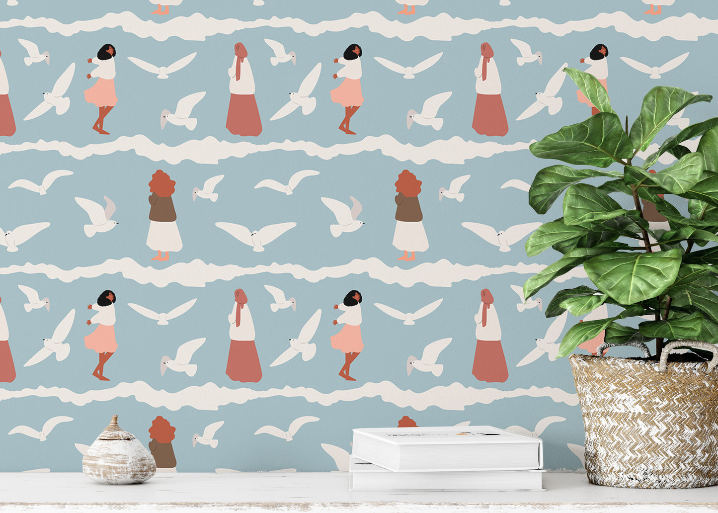 Coastal Repeat Pattern Flying Seagull Birds Kids Wallpaper